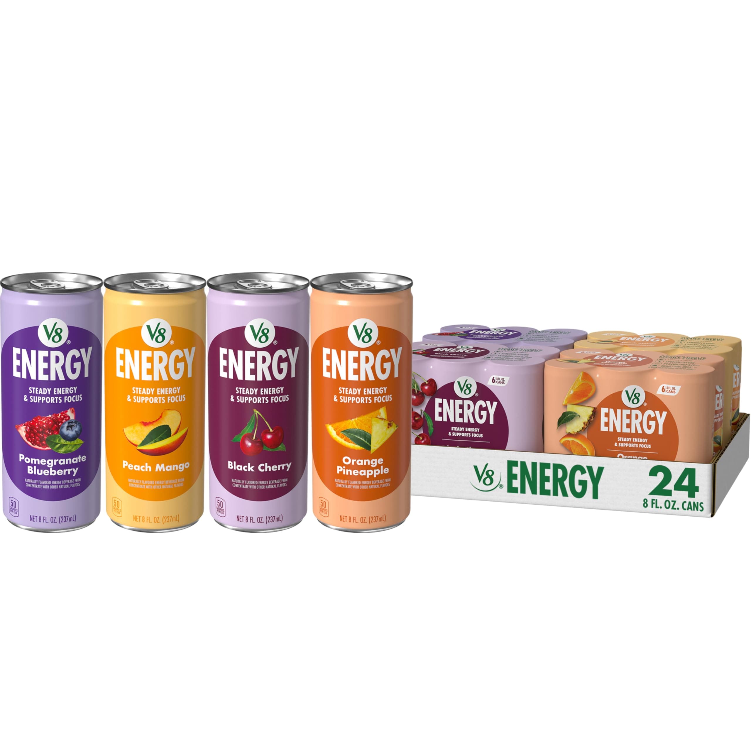 Energy Peach Mango, Orange Pineapple, Black Cherry and Pomegranate Blueberry Juice Energy Drinks, 8 fl oz Can (24 Pack)