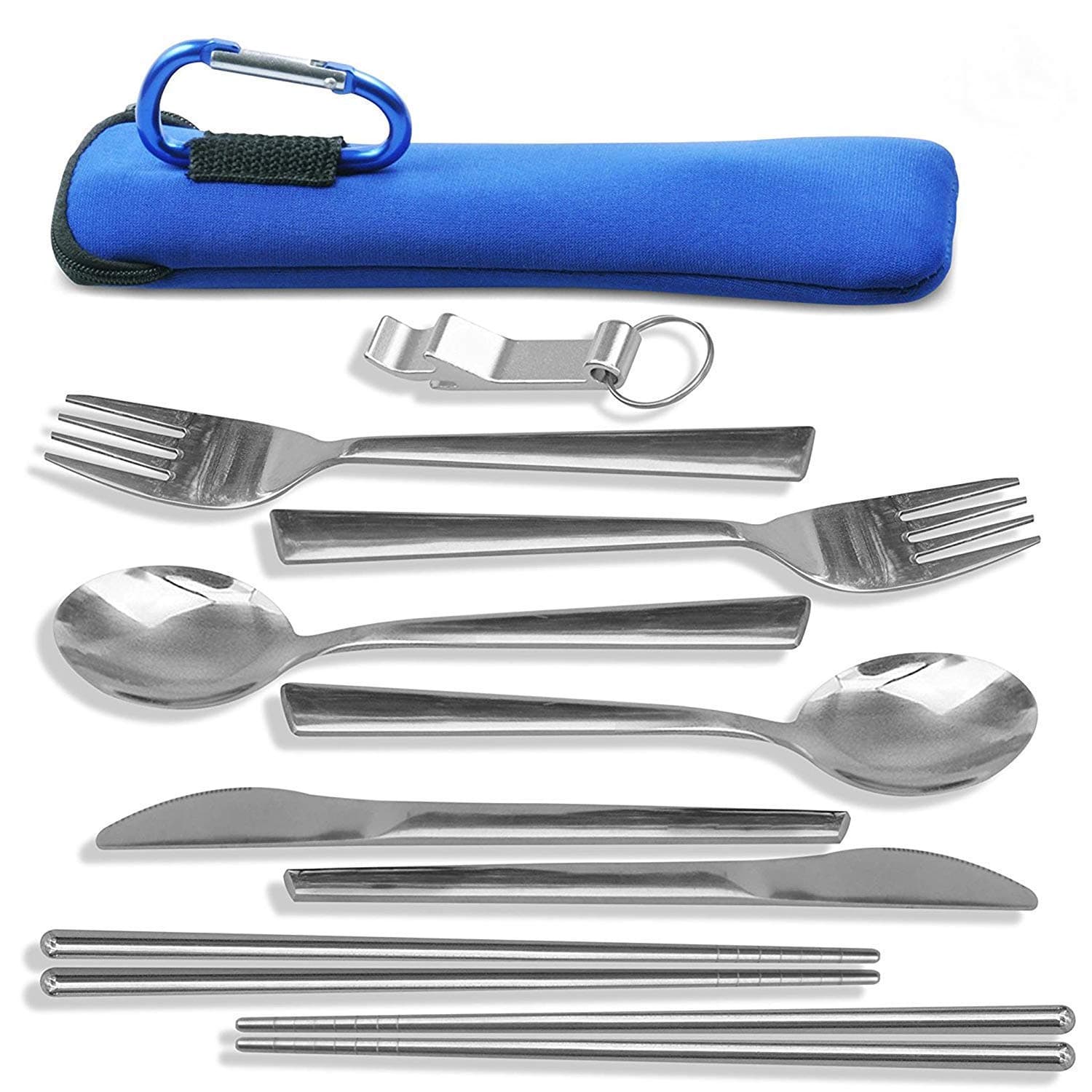TravelSource 2-Person Stainless Steel Portable Eating Utensils Set - for Camping and Travel with Case and Bottle Opener
