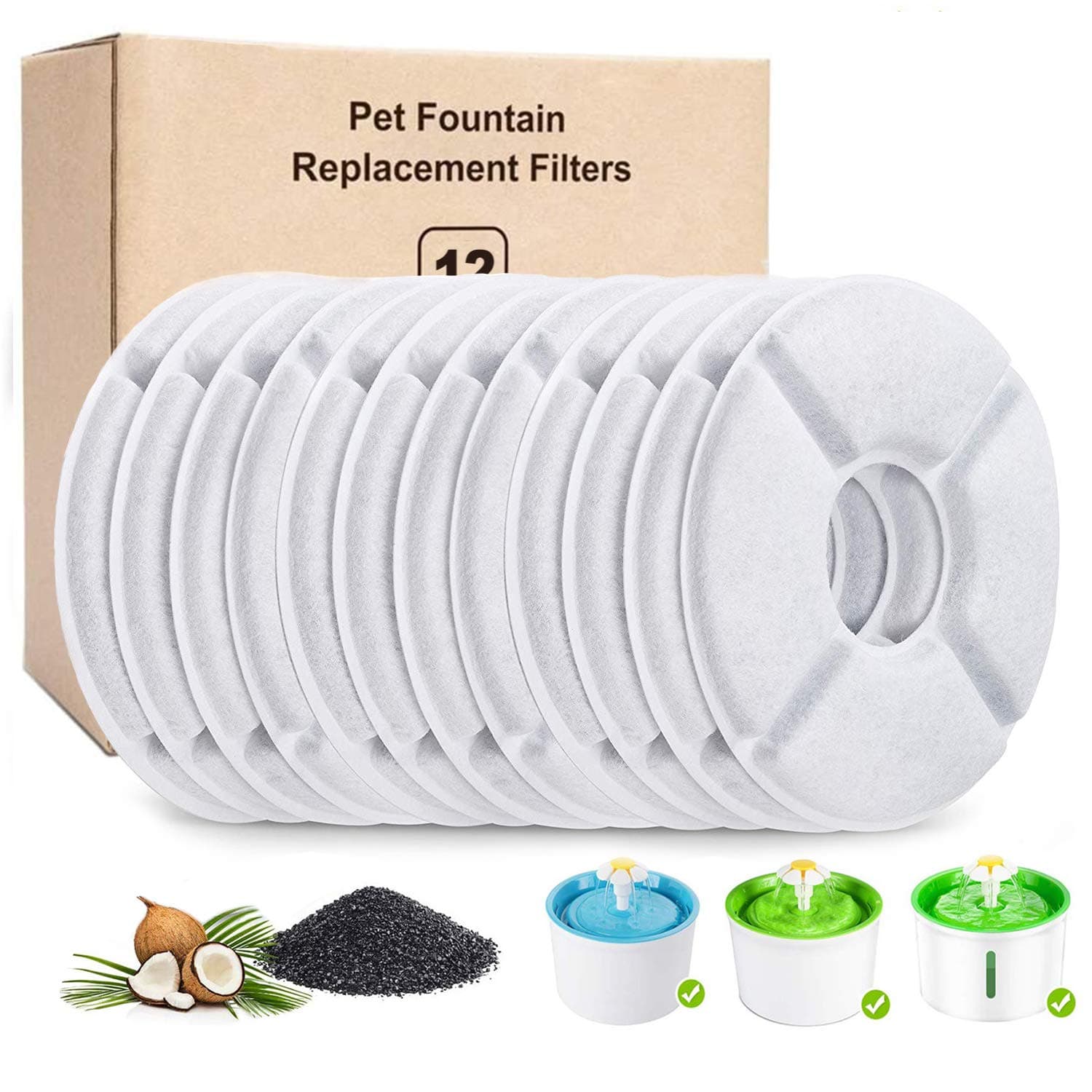 12-Pack Pet Water Fountain Filters for 84oz/2.5L Cat Drinking Fountain, Round Replacement