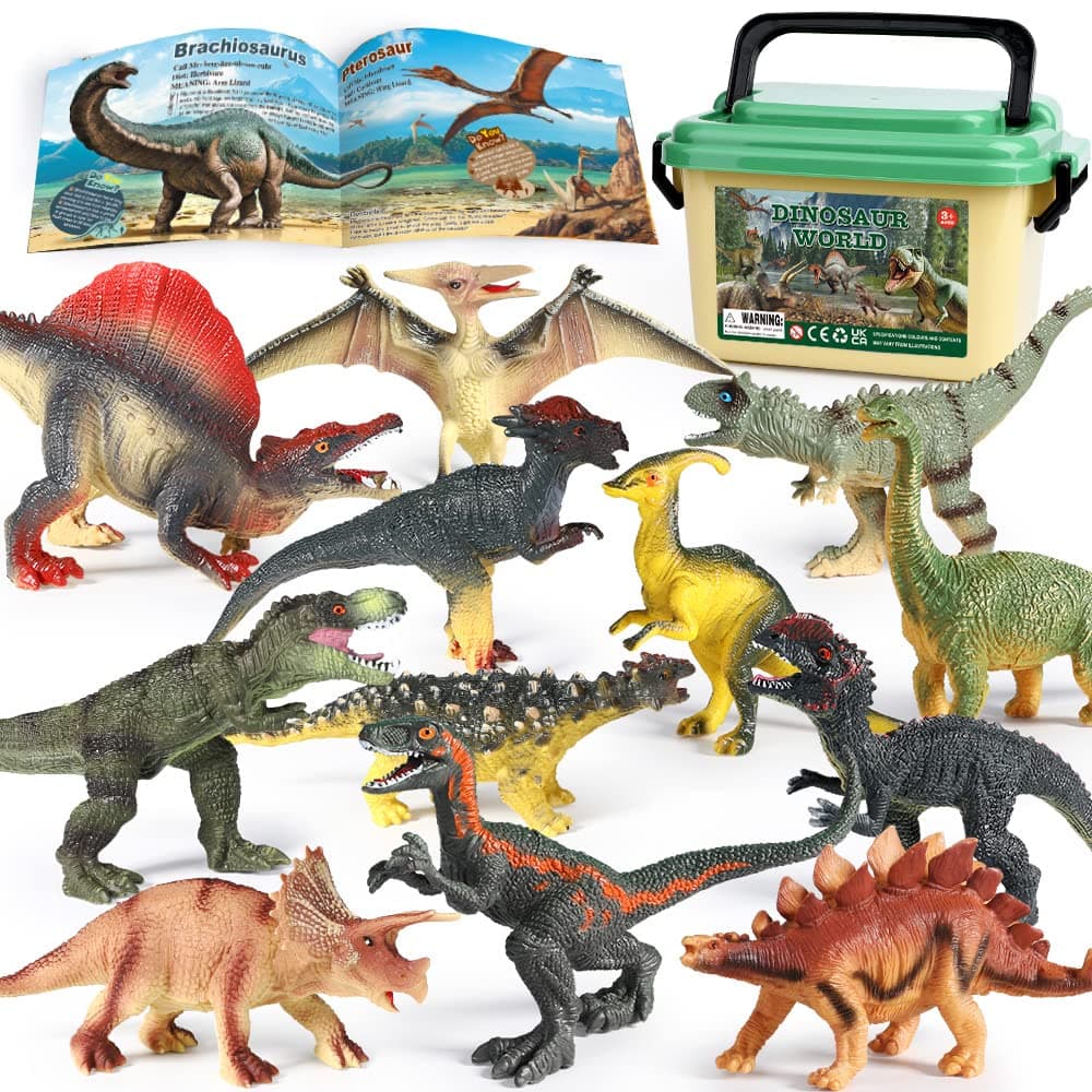Dinosaur Toys for Kids 3-5,12pcs Realistic Jurassic Dinosaur Figures Playset w/ Educational Booklet, Toddler Plastic Dinasour Including T-Rex, Triceratops, Dino Learning Toy for Boy Girl Age 4-7