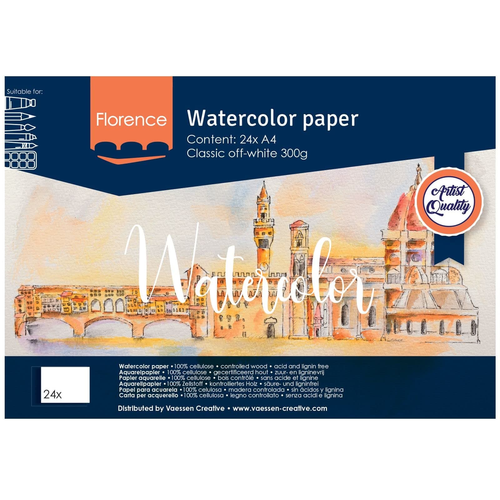 Vaessen Creative Florence Watercolour Paper Pad A4, Off-White, 300 GSM, Textured Surface, Artist Grade Quality, Sketchbook with 24 Sheets for Painting, Handlettering and Art Projects