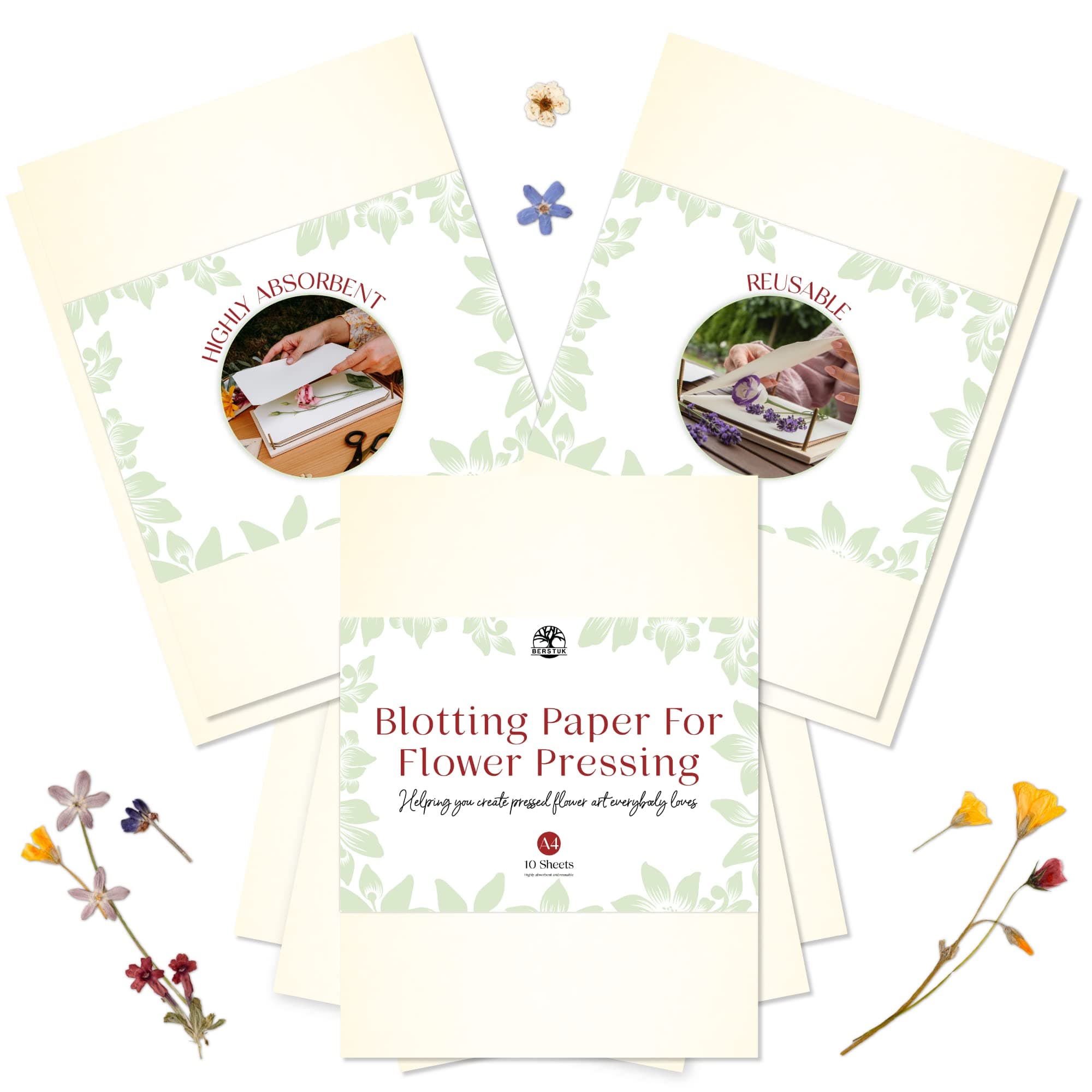 Blotting Paper for Flower Press by Berstuk® • Large A4 Flower Press Paper • Highly Absorbent and Reusable • Pack of 10 Blotter Sheets