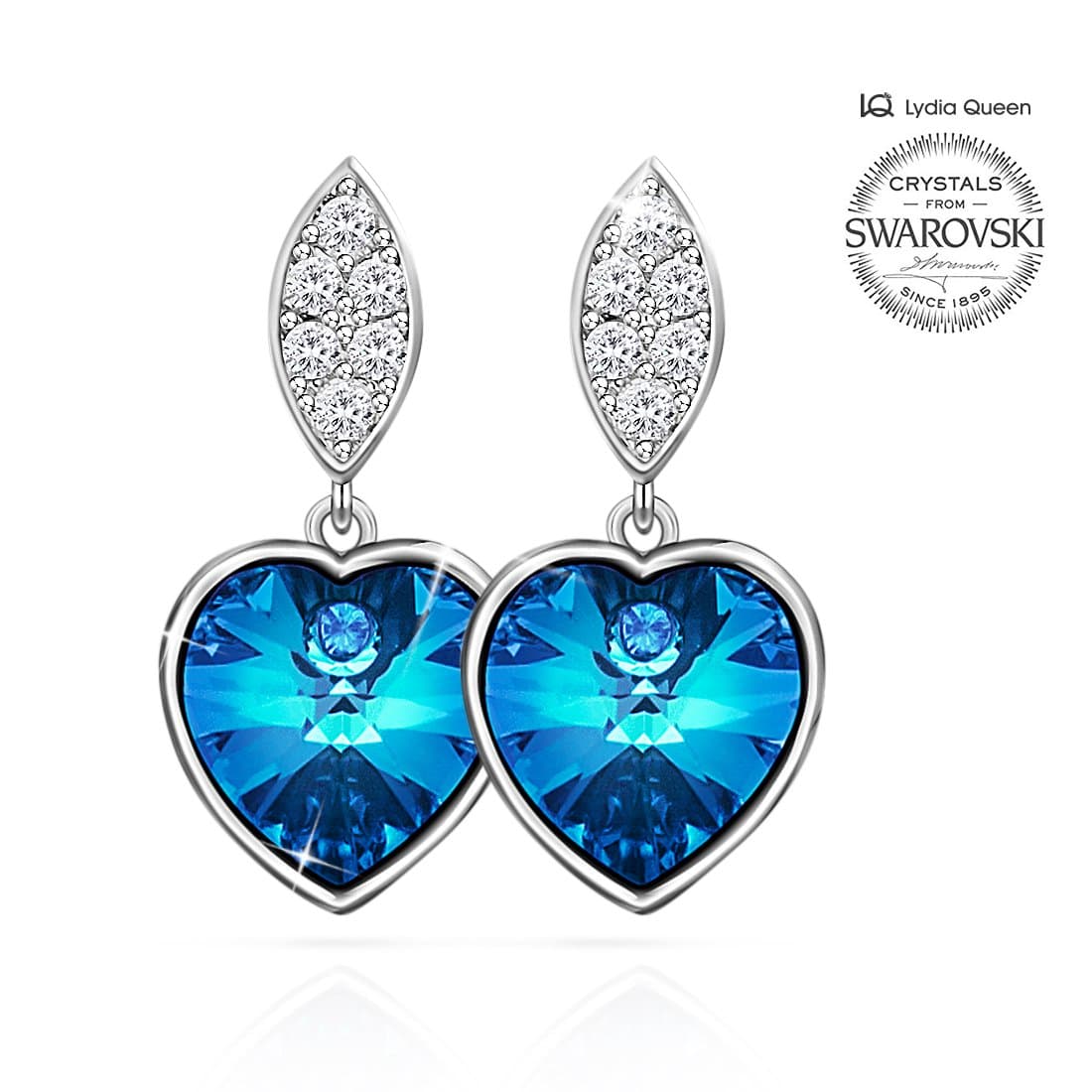 Lydia Queen Crystal Earrings- Dangle Earrings Made with Crystals Cubic Zirconia , Sterling Silver Stud , Blue " Heart of Ocean " Women Fashion Jewelry Gift
