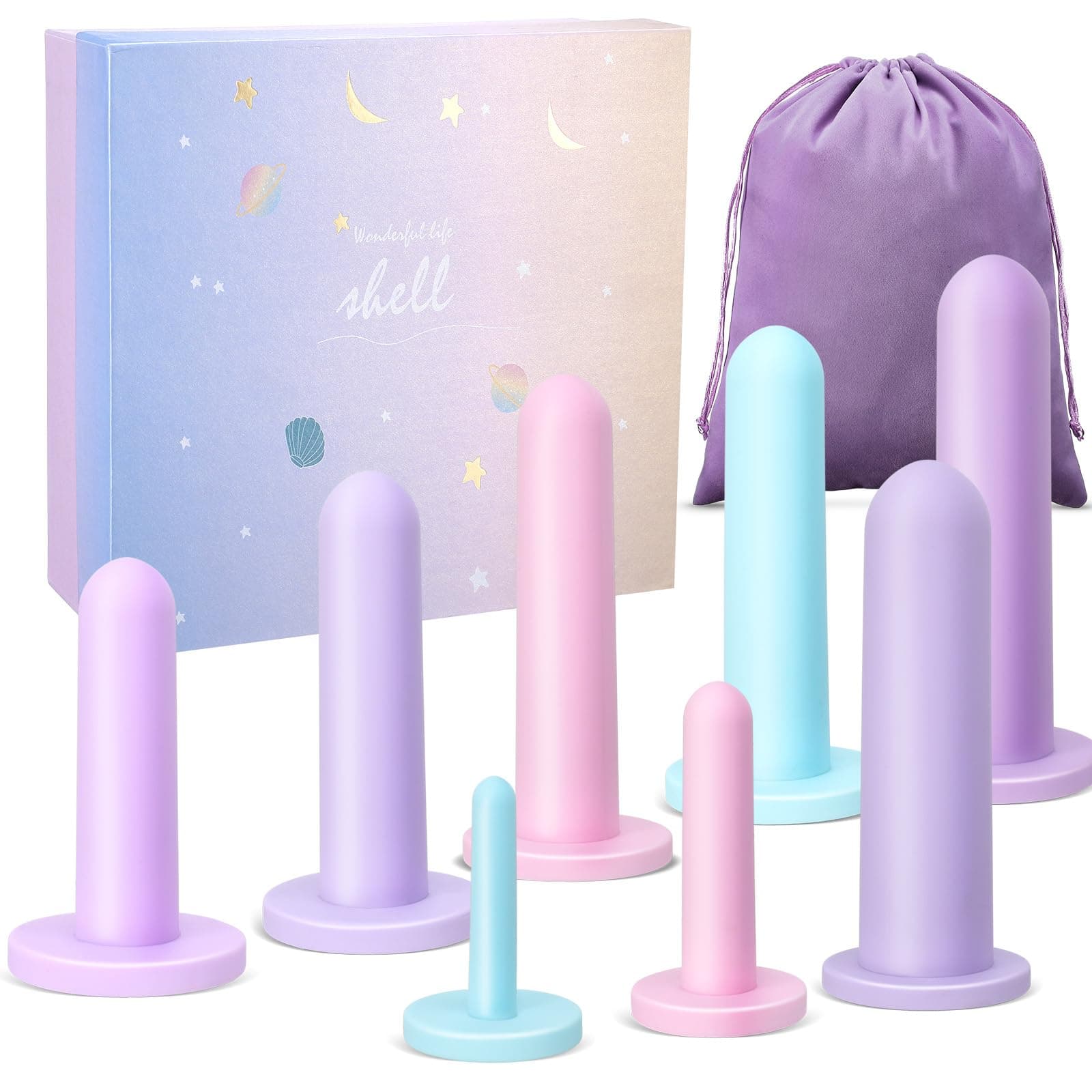 Geiserailie 8 Pcs Silicone Pelvic Floor Strengthening Device Fitness and Kegel Exerciser Set Muscle Trainer Exerciser Stretcher with Bag and Box for Women, 8 Different Sizes(Gentle Color)