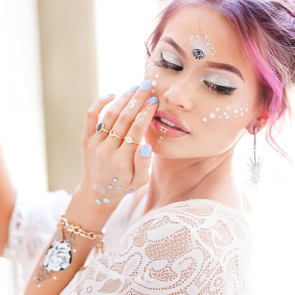 OPHELIA Flash Tattoos authentic metallic temporary jewelry tattoos 3 sheet mini pack - includes Over 50 cosmic metallic designs