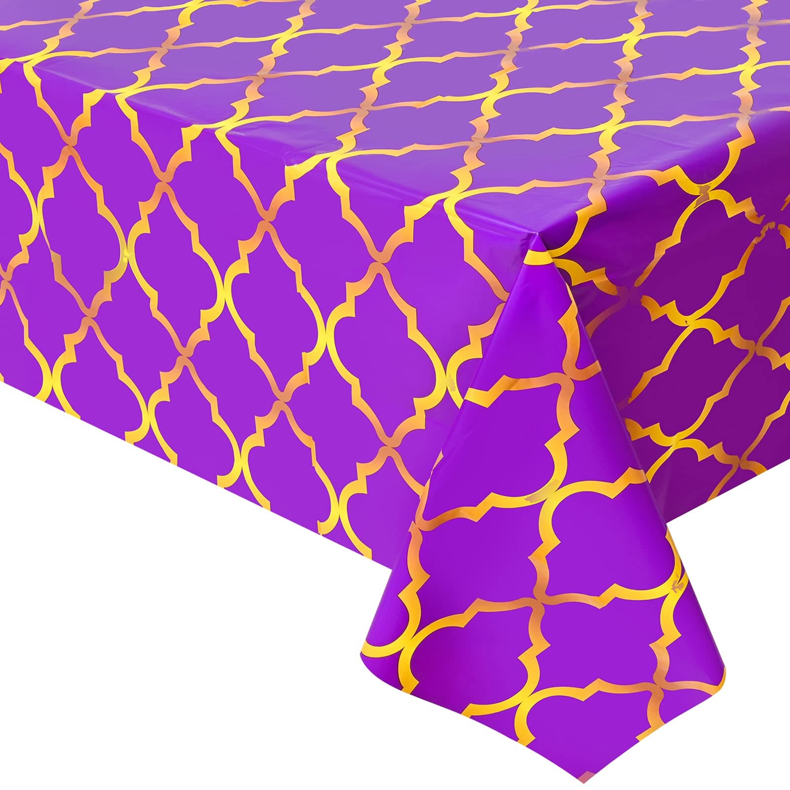 Lecpeting 2 Pcs Arabian Tablecloth Purple Gold Lattice Plastic Table Covers 87 x 51 Inches Arabian Nights Themed Party Decorations for Birthday Party Supplies