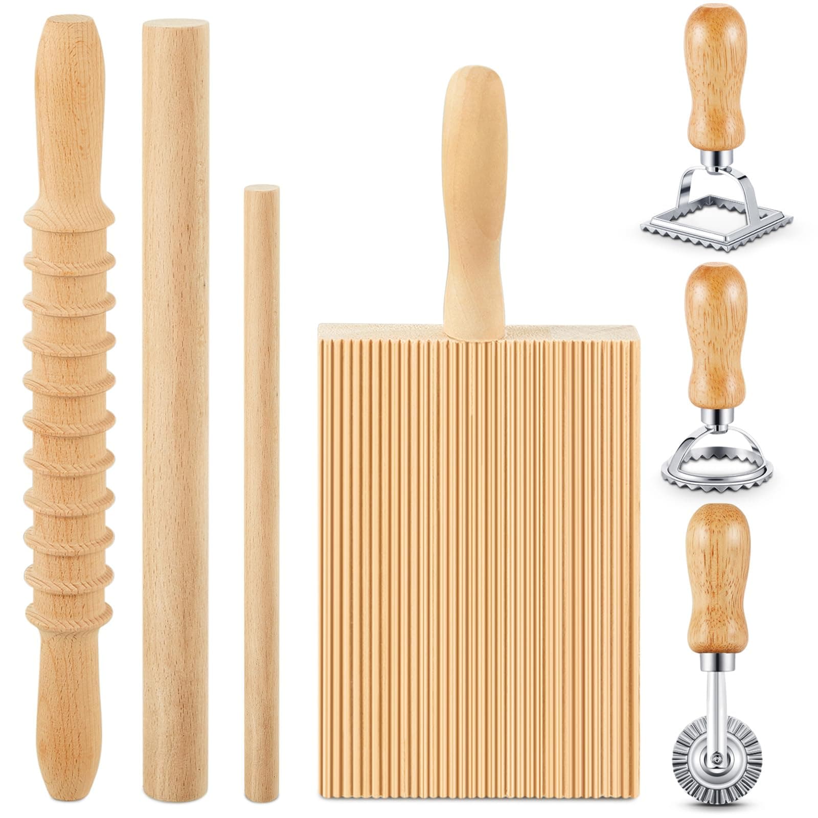 Tioncy 7 Pcs Wooden Pasta Gnocchi Making Tool Set-gnocchi Board, Rolling Pin, Ravioli Stamps, Easy Homemade Italian Pasta Tools for Beginners and Home Cooks Kitchen Gift (Classic Gnocchi Board Set)
