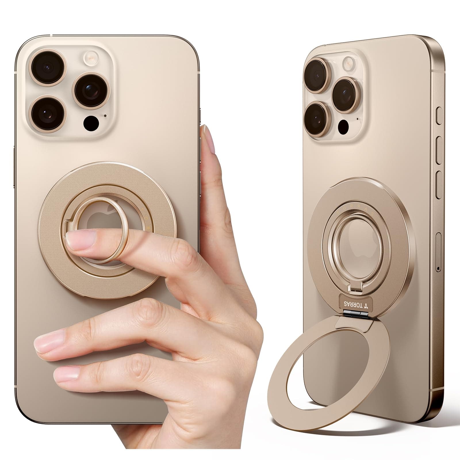 TORRAS 2025 Newest Thin Fit for MagSafe Phone Grip Ring Holder [Dual-Ring] Compatible with MagSafe Kickstand Magnetic for iPhone 16/15/14/13/12/11 Samsung, Google Accessories, Desert Titanium Gold