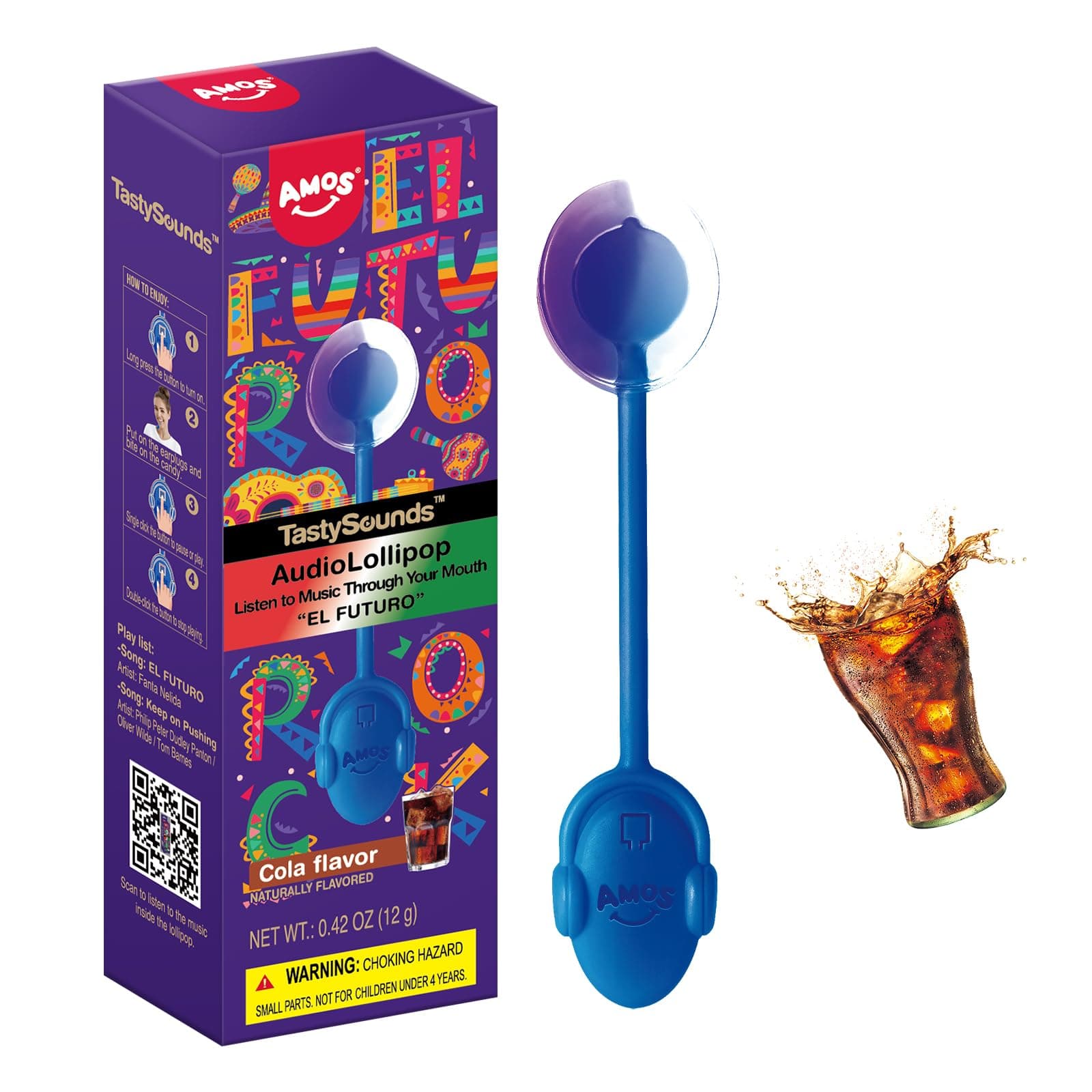 AMOS Audio Music Lollipop Candy Suction Cup - Lollipop Sugar Free, Novelty Easter Treat, Candy Gift, Singing Lollipop Cola Flavor
