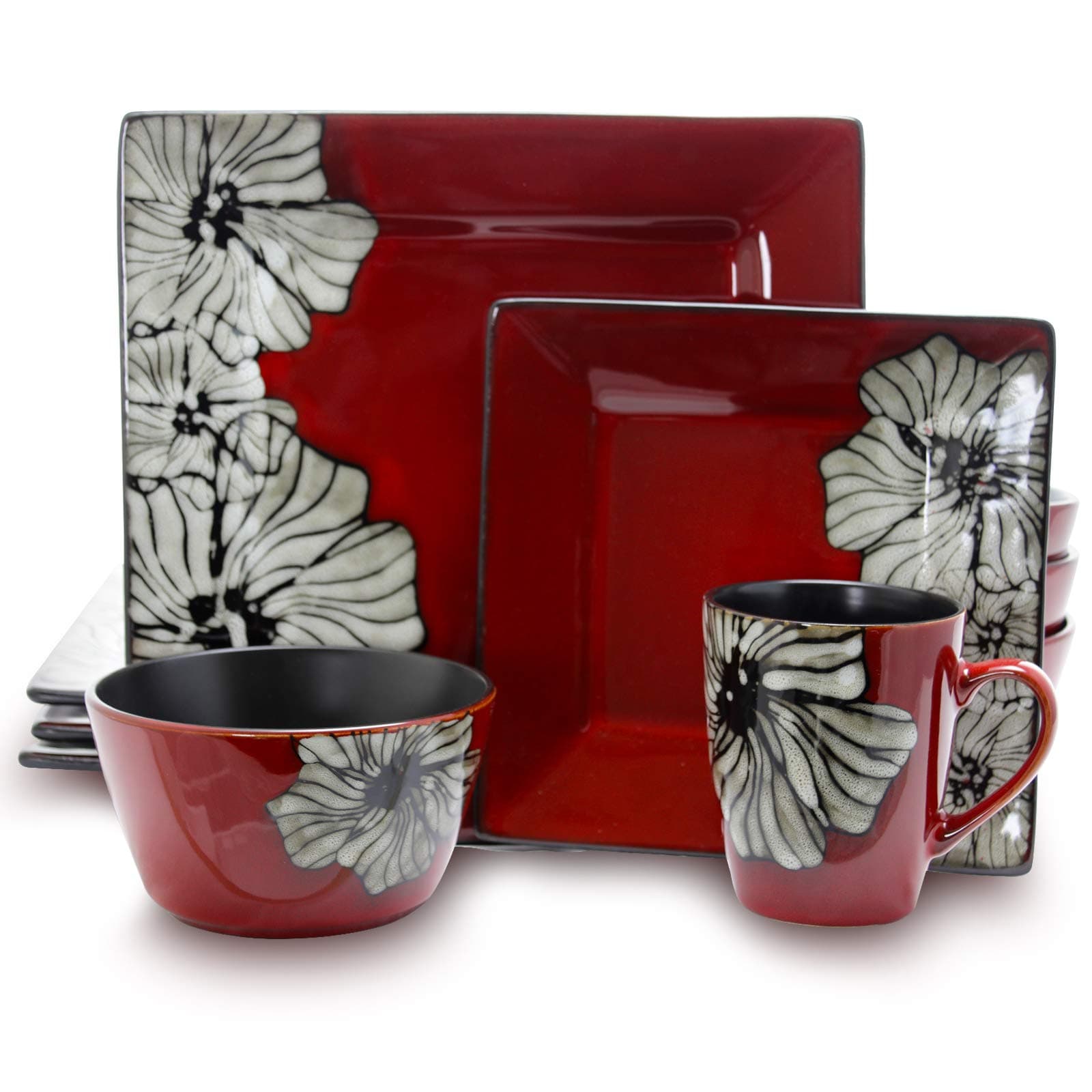 Luxurious Red Winter Bloom 16 Piece Dinnerware Set with Complete Settign for 4
