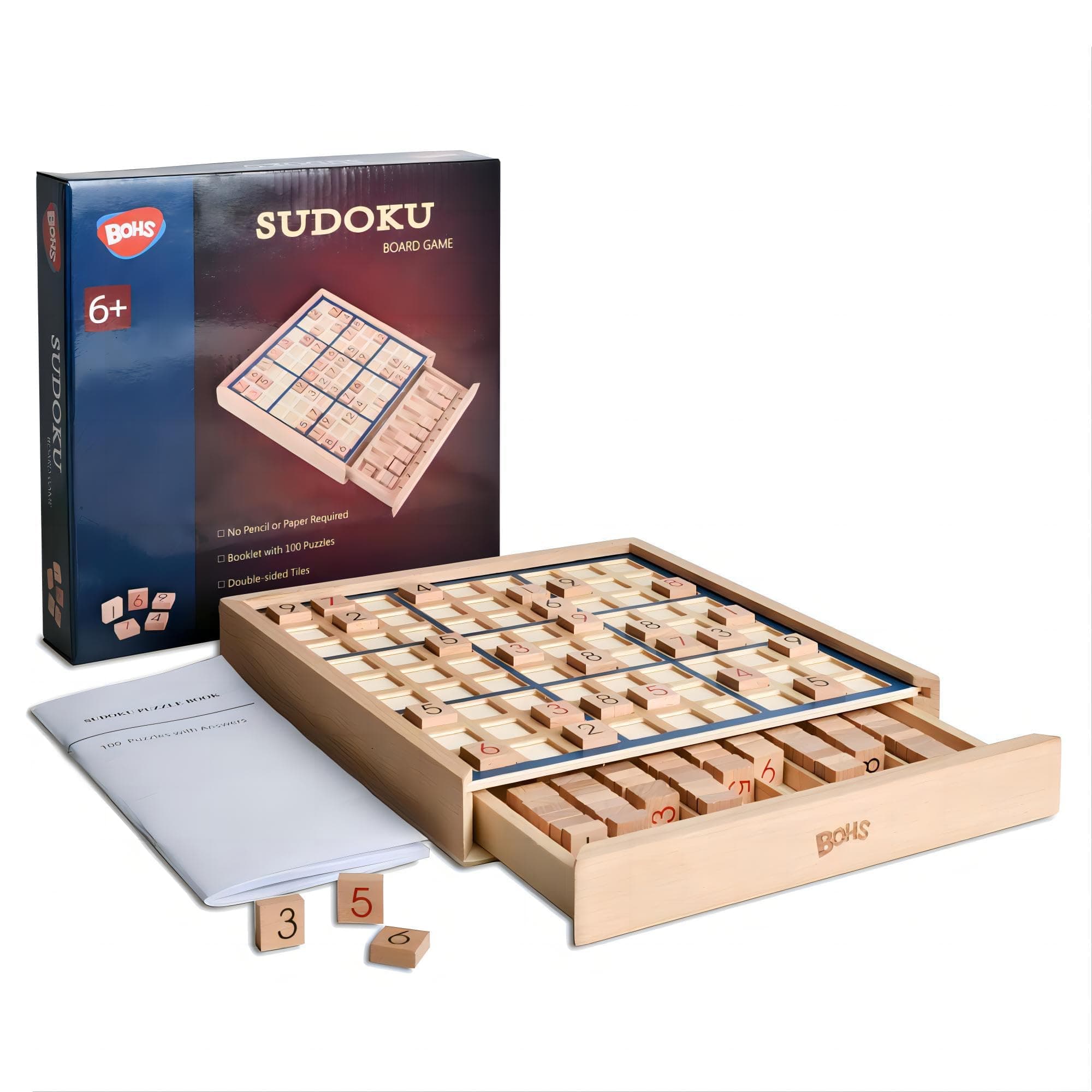 BOHS Wooden Sudoku Board Game with Drawer - with Book of 100 Sudoku Puzzles - Brain Teaser Desktop Toys