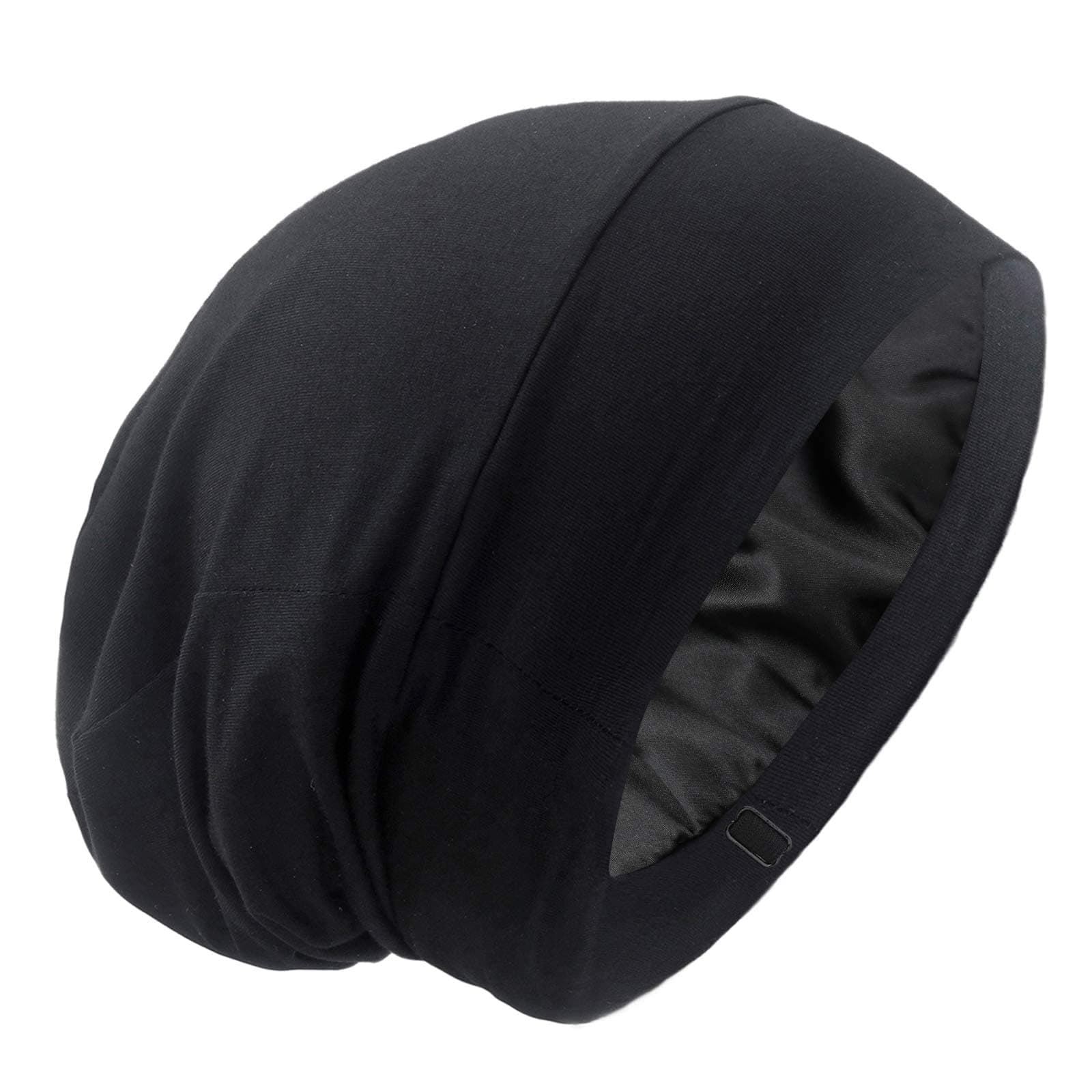 - Silky Satin Lined Bonnet Sleep Cap - Adjustable Stay on All Night Hair Wrap Cover Slouchy Beanie for Curly Protection Women and Men Solid Black