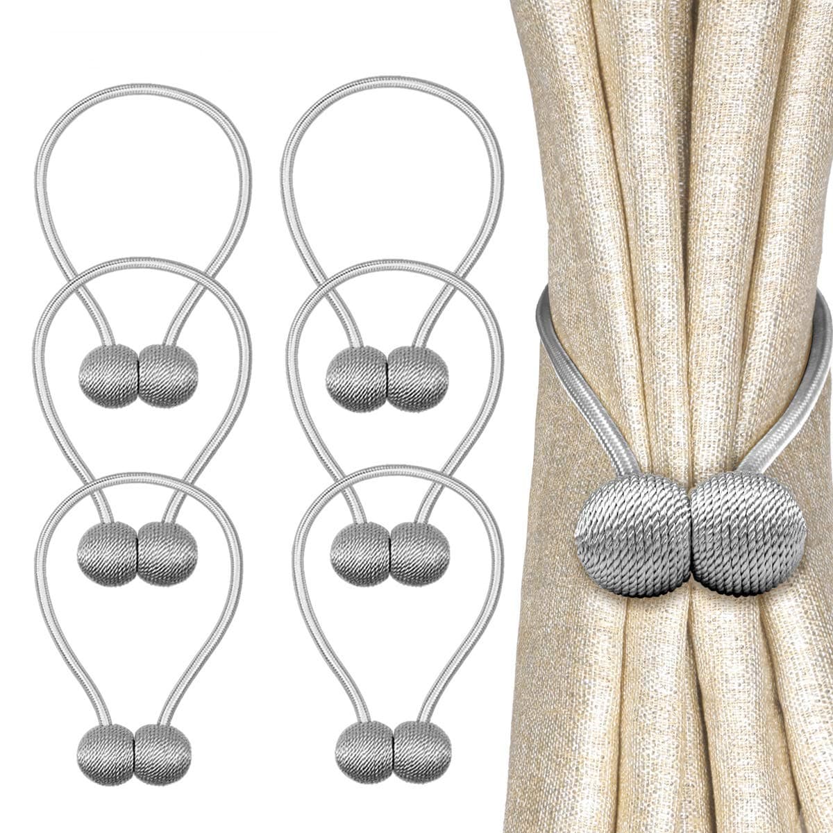 TUANSHENG Curtain Tiebacks,Magnetic Curtain Holdbacks 6 Pack 16 inch Modern Decorative Window Curtain Tie Band for Home Office Window Sheer Thin Thick Draperies (Grey)