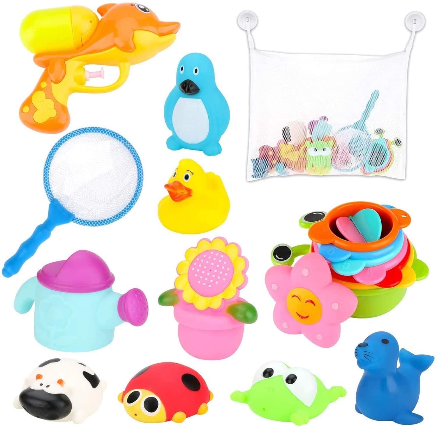 BBLIKE Bath Toys, 1 x Mesh Bath Toy Storage Bag, 1 x Water Gun, 1 x Fishing Net, 7 x Stacking Cups, 9 x Floating Animal Toy 19 Pcs Bath Toys Set Babies 18+ months for Bathtub, Swimming Pool