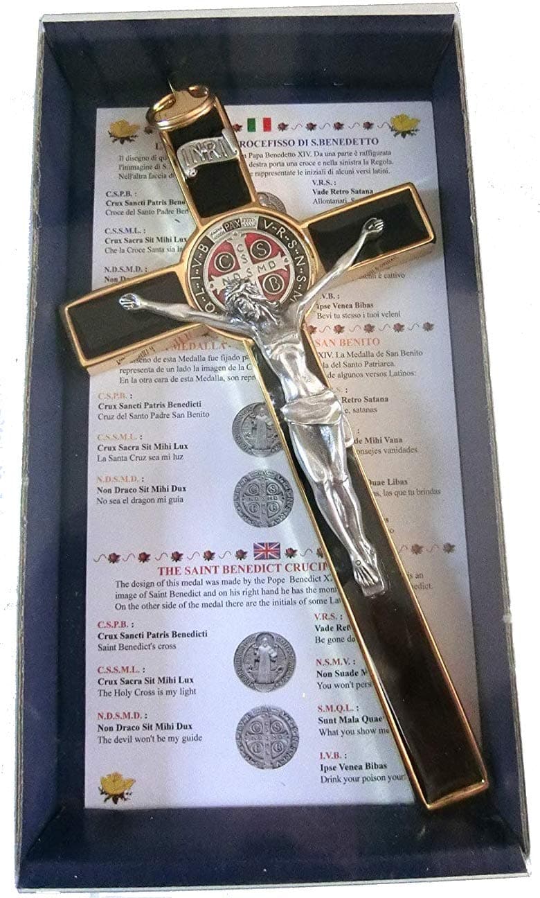 10.004.21 Black Cross CROCEFIXED Gold Saint Benedict 20 CM Hand Enameled with Box Gift Saint Benedict EXORCISM PRETE ESORCIST