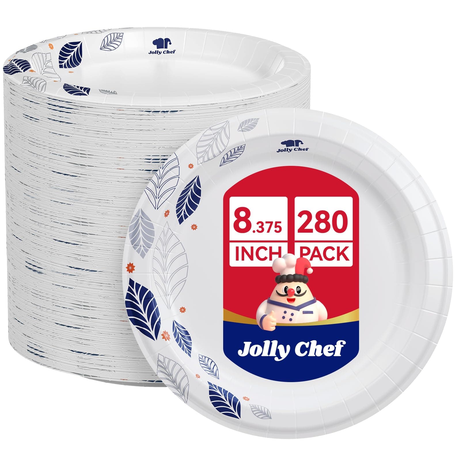 JOLLY CHEF 280 Count Paper Plates 8 inch Soak Proof, Cut Proof, Heavy Duty Leaf Printed Disposable Paper Plates for Everyday Use