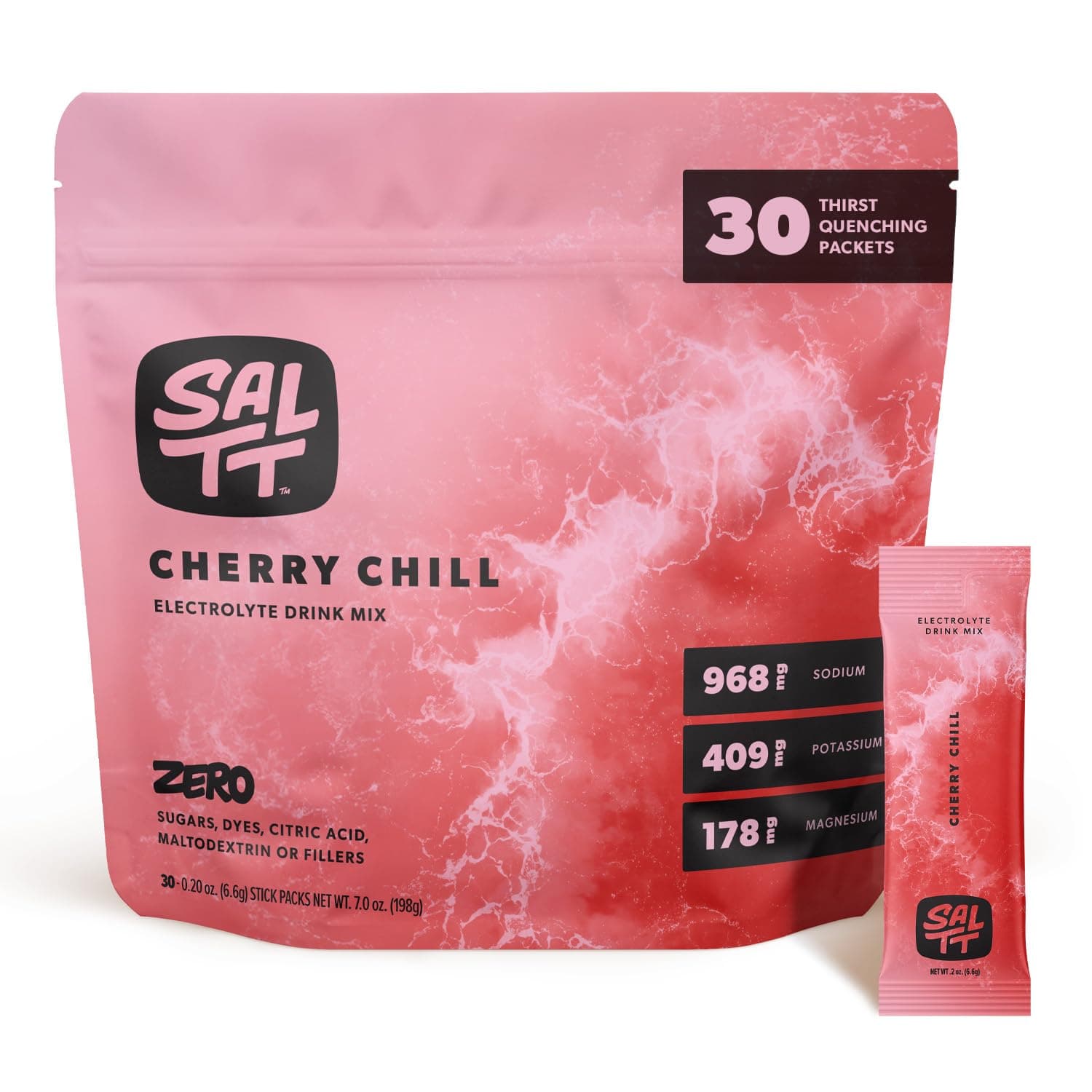 SALTT Electrolytes Powder Flavored Drink Mix - Cherry Chill - 30 Hydration Packets - Magnesium, Potassium, Sodium, Trace Minerals - Zero Sugar & Gluten Free - Travel Essentials
