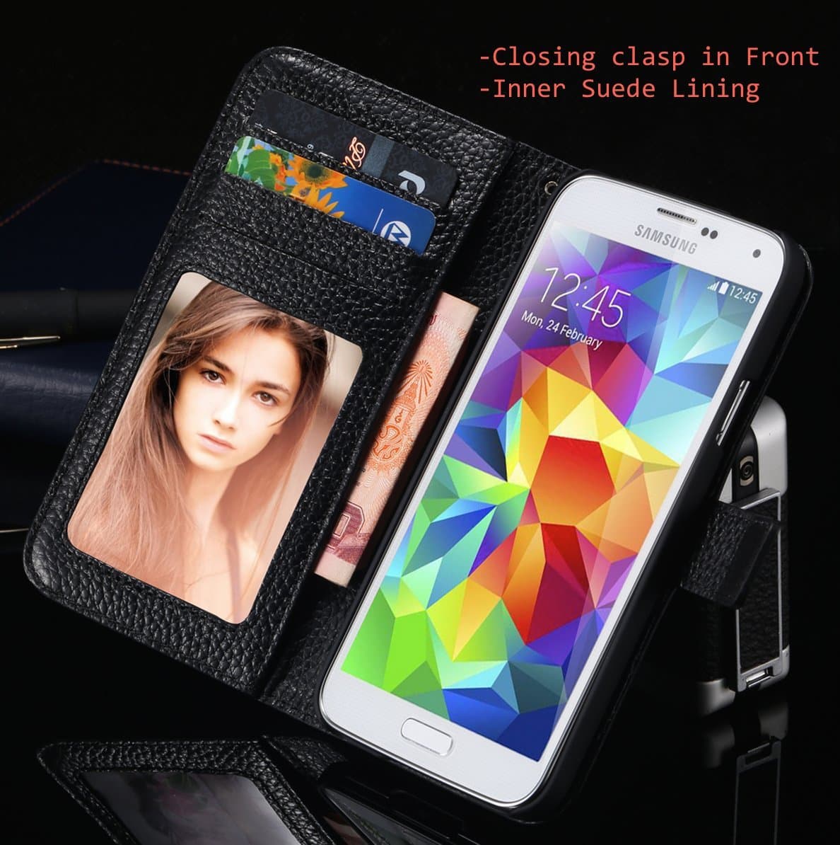 CaseMore Leather Wallet Case for Samsung Galaxy S5 S V with inbuilt Flip Stand and Wrist Strap