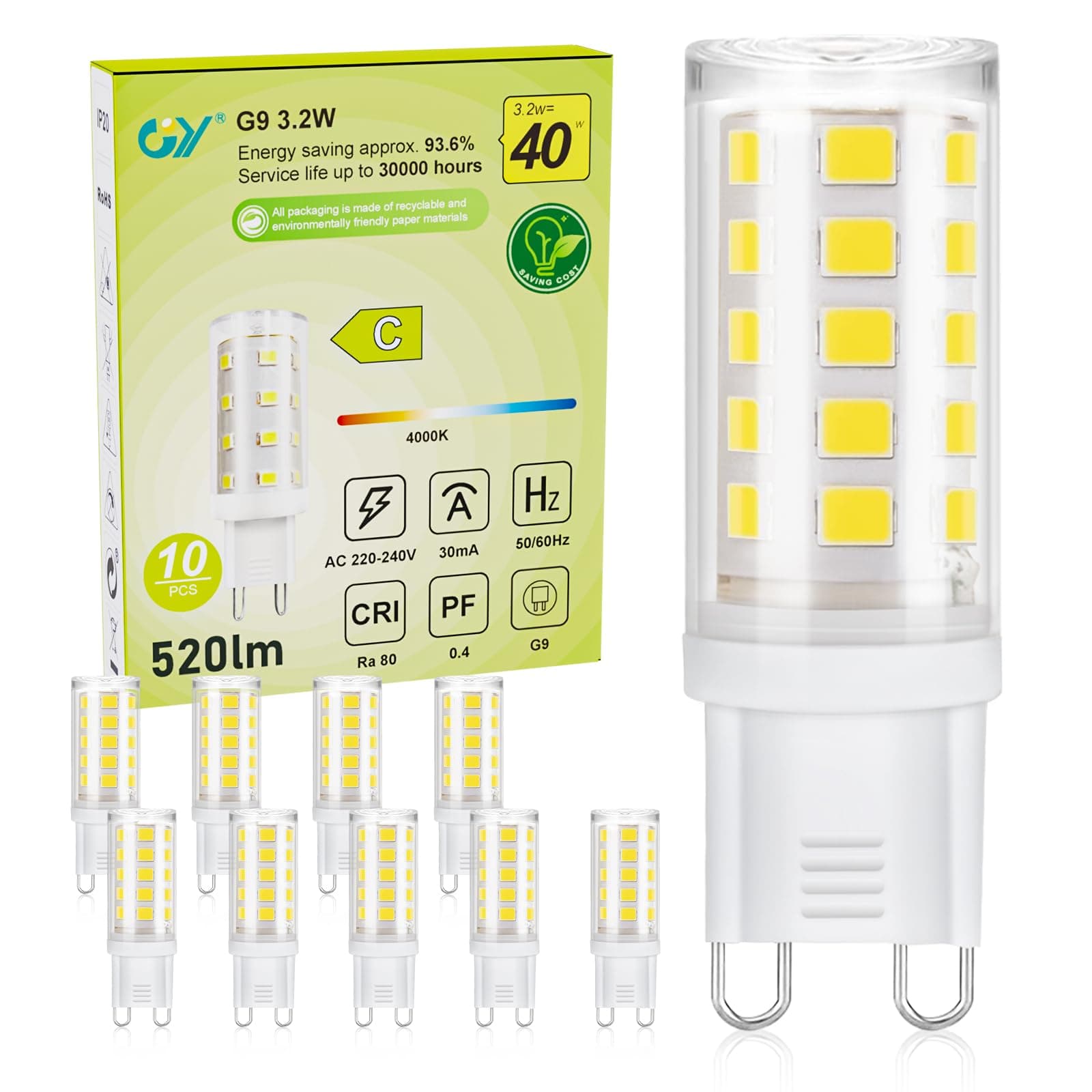 – GY G9 LED Bulbs,3.2W Neutral White 4000K Energy Saving Light Bulbs, Equivalent to 40W 520 Lumen No Flicker, Not Dimmable for Home Lighting Decor,10 Pack