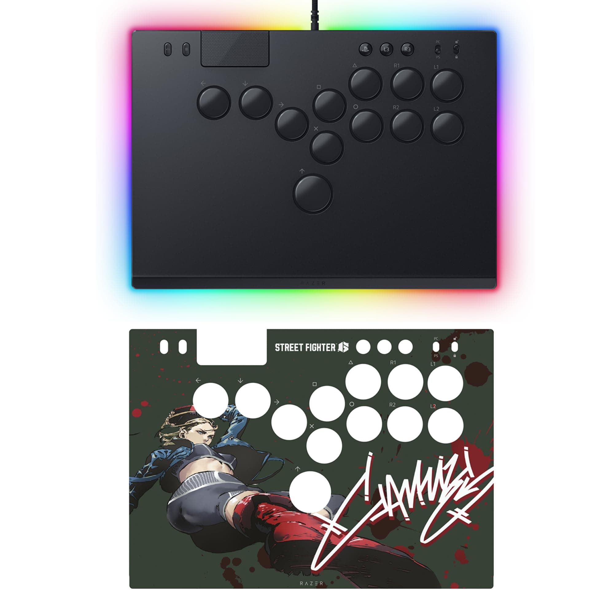 Razer Kitsune All-Button Arcade Controller & Street Fighter Cammy Vinyl Skin Bundle: For PS5 / PlayStation 5 & PC - Low-Profile Optical Switches - Slim Design - Chroma RGB - Full Top Plate Wrap