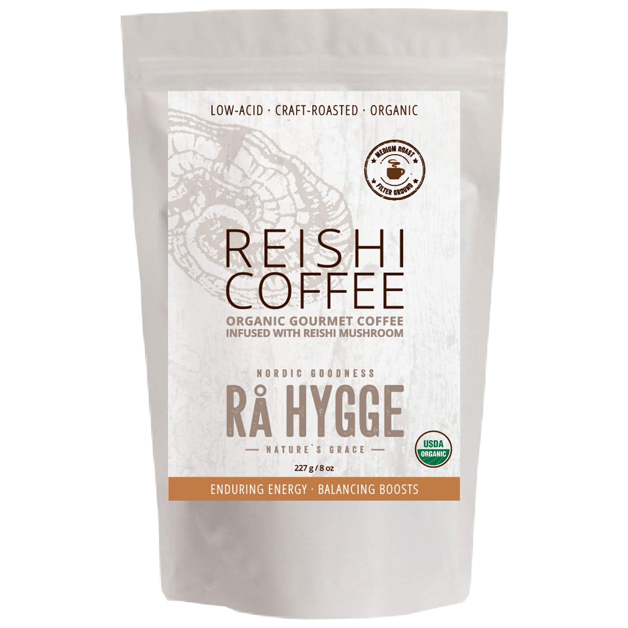 RaHygge Organic Mushroom Ground Coffee Variety 3-Pack - (3) 8oz Bags - Light Roast (Lion's Mane), Medium Roast (Reishi) & Dark Roast (Chaga) | Low-Acid, High 30% Polysaccharides + 3% Tripenes Mushroom Extract, Powerful Cognitive & Energy Boost!