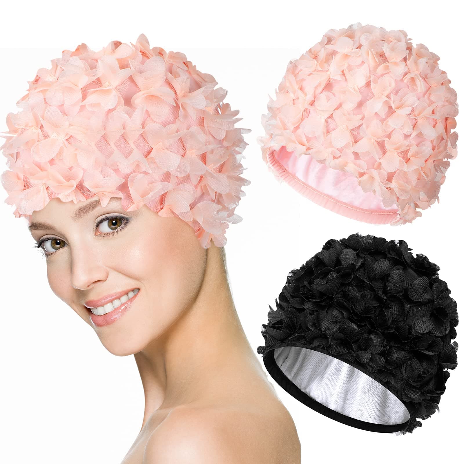 2 Pcs Lace Vintage Swim Cap Flower Floral Petal Retro Style Bathing Caps Pink Black Women's Long and Short Hair Swimming Hat Not Waterproof