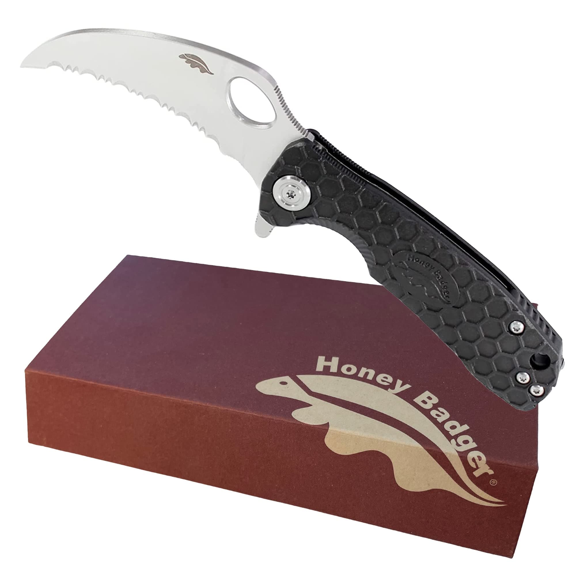 Honey Badger Serrated Edge Claw Folding Pocket Knife, Medium, Black