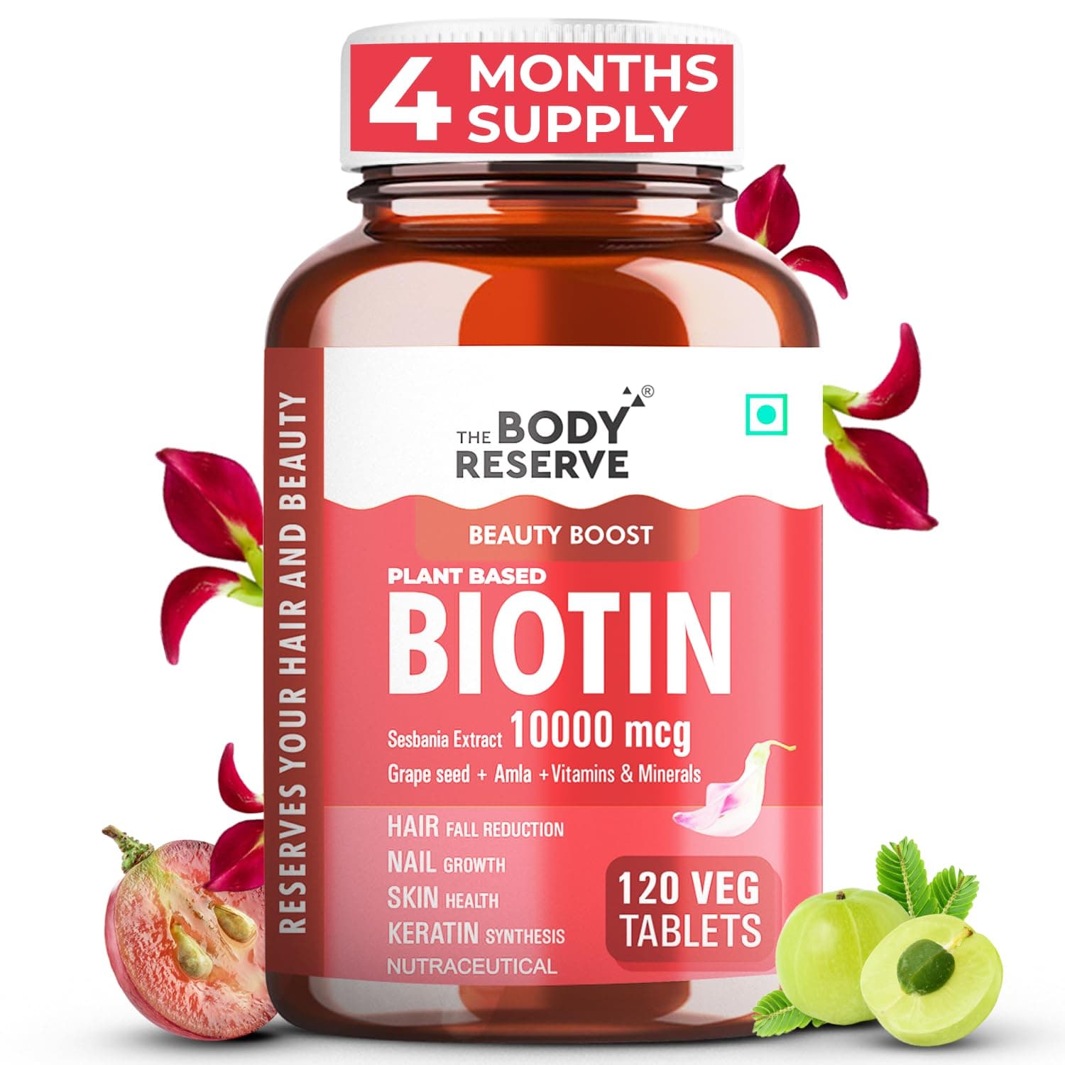 The Body Reserve Plant Based Biotin Tablets | Biotin from Sesbania with Amla & Grapeseed | Hair Vitamins for Men & Women Supporting Hair Growth & Hair Regrowth | Strong Hair, Skin & Nails | 120 Veg Tablets