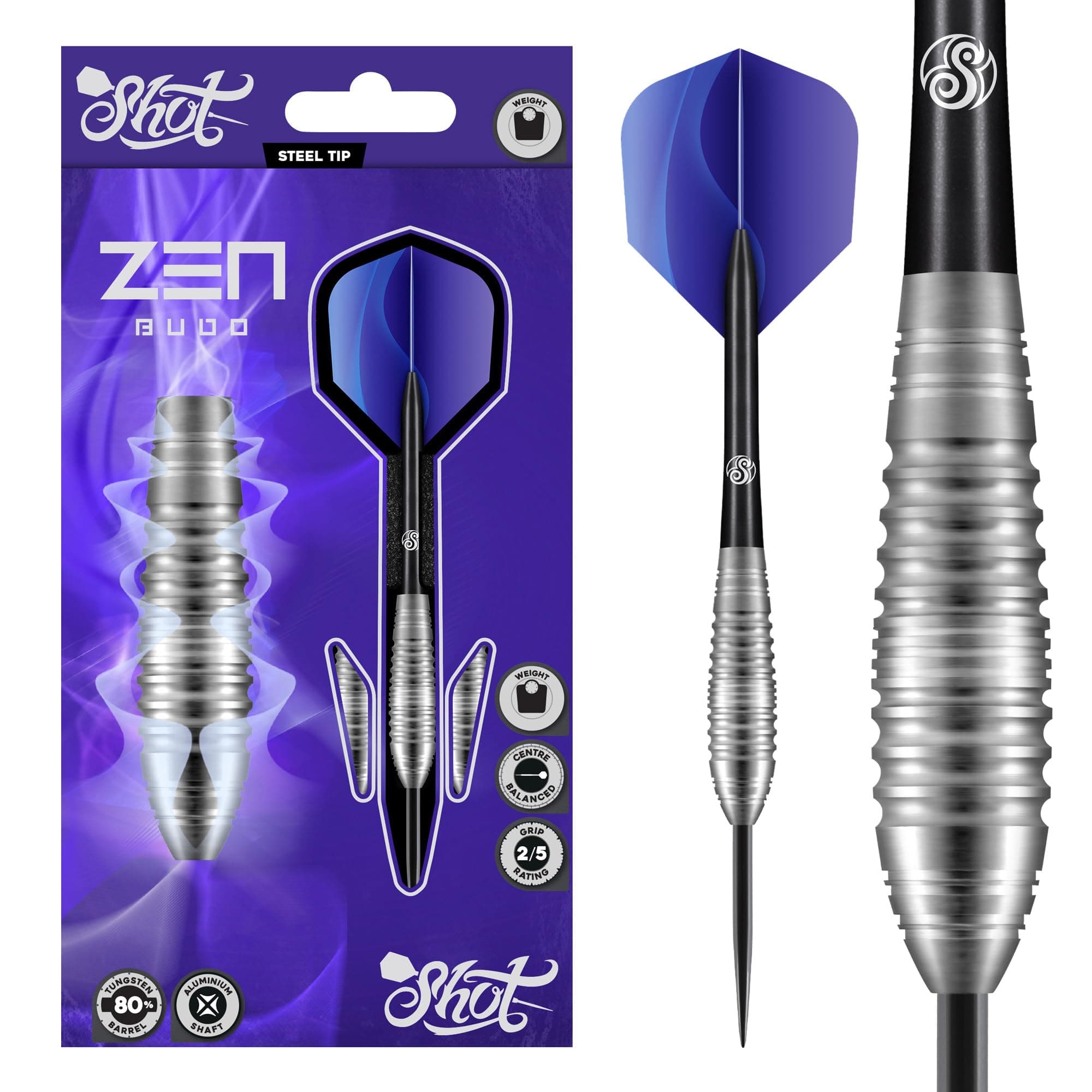 Shot Darts Metal Tip Zen Budo (23g/ 24g/ 26g) 80% Tungsten Center Balanced Bomber shape perfect for beginner Handcrafted Professional Darts & Flights Made in New Zealand Metal Tip Darts for Dart Board