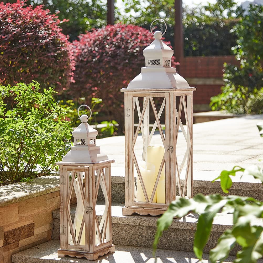 GlitzhomeFarmhouse Wood Metal Lanterns Decorative Hanging Candle Lanterns White Set of 2 (No Glass)
