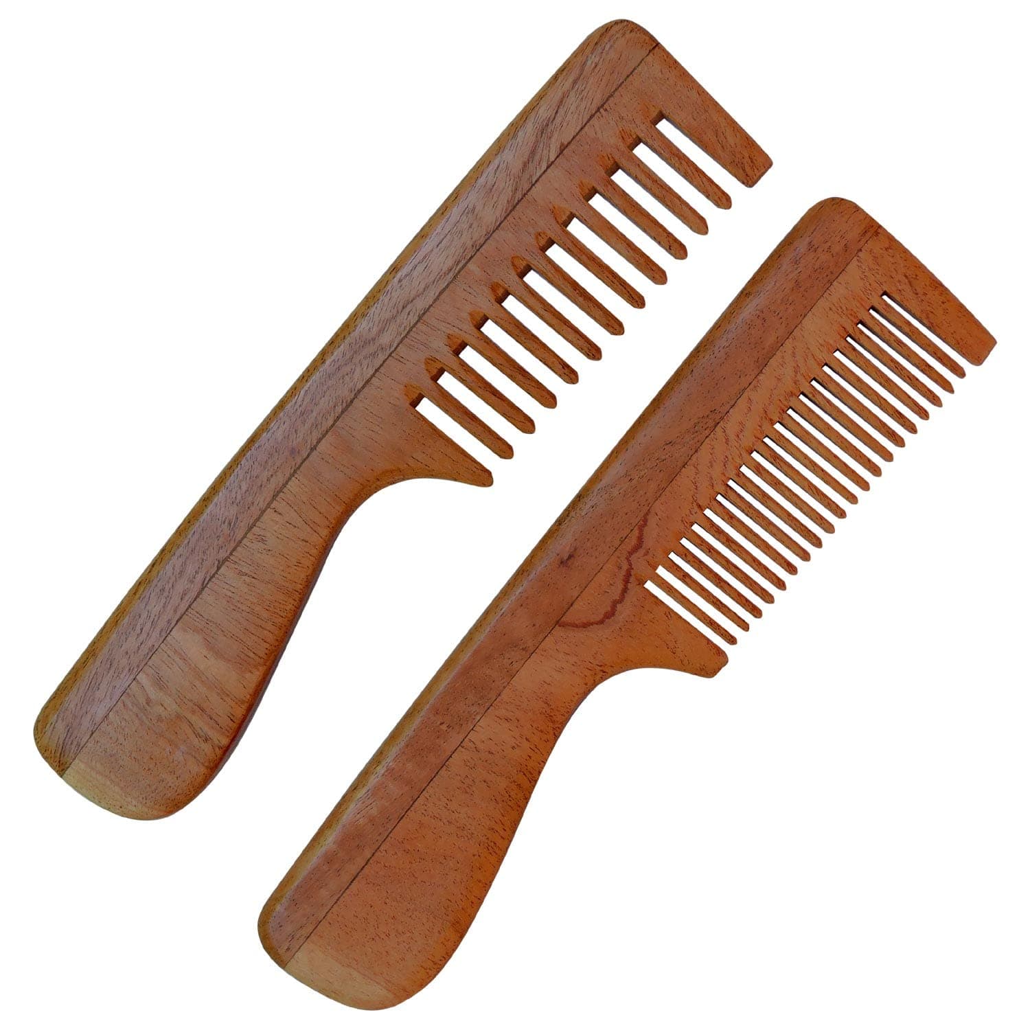 Set of 2 Natural Pure Neem Comb For Hair and Scalp Health, Promotes Hair Growth, Reduces Hair Fall - WIDE and FINE TOOTH Comb with Handle