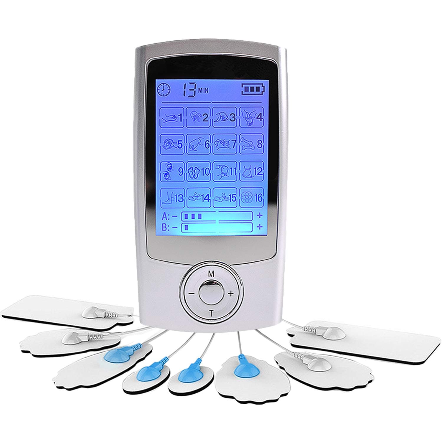 Tens Machine Muscle Stimulator Rechargeable Digital Therapy Full Body Acupuncture Massage Muscle Pain Relief Treatment with 16 Modes and 8 Pads for Back Shoulder Leg (Silver)