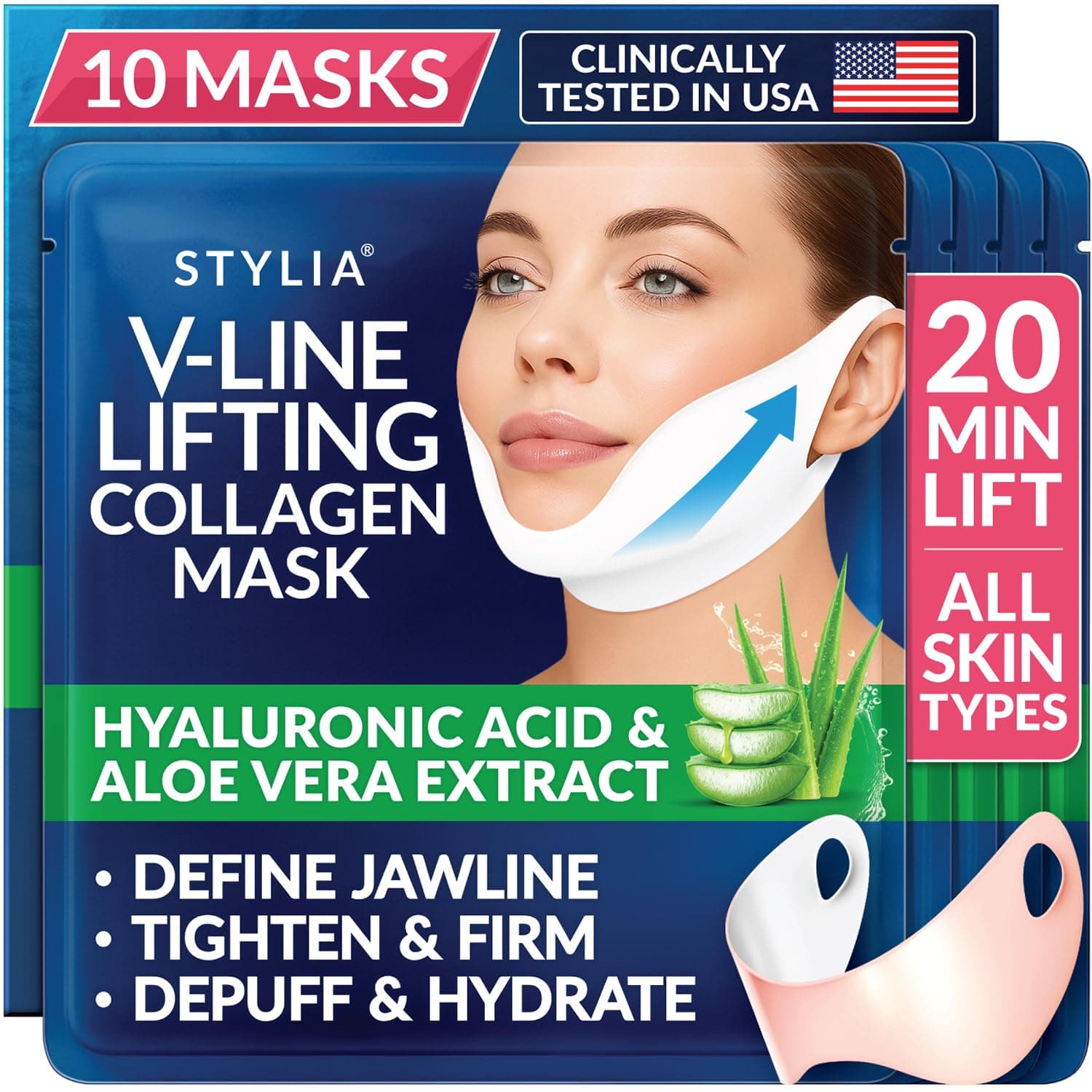 V Line Lifting Collagen Mask - Lift, Firm & Contour Jawline - Tightening Double Chin Strap with Hyaluronic Acid & Aloe - Neck Tightening and Lifting Mask - Jawline Shaper Face Lift Tape (10PC)