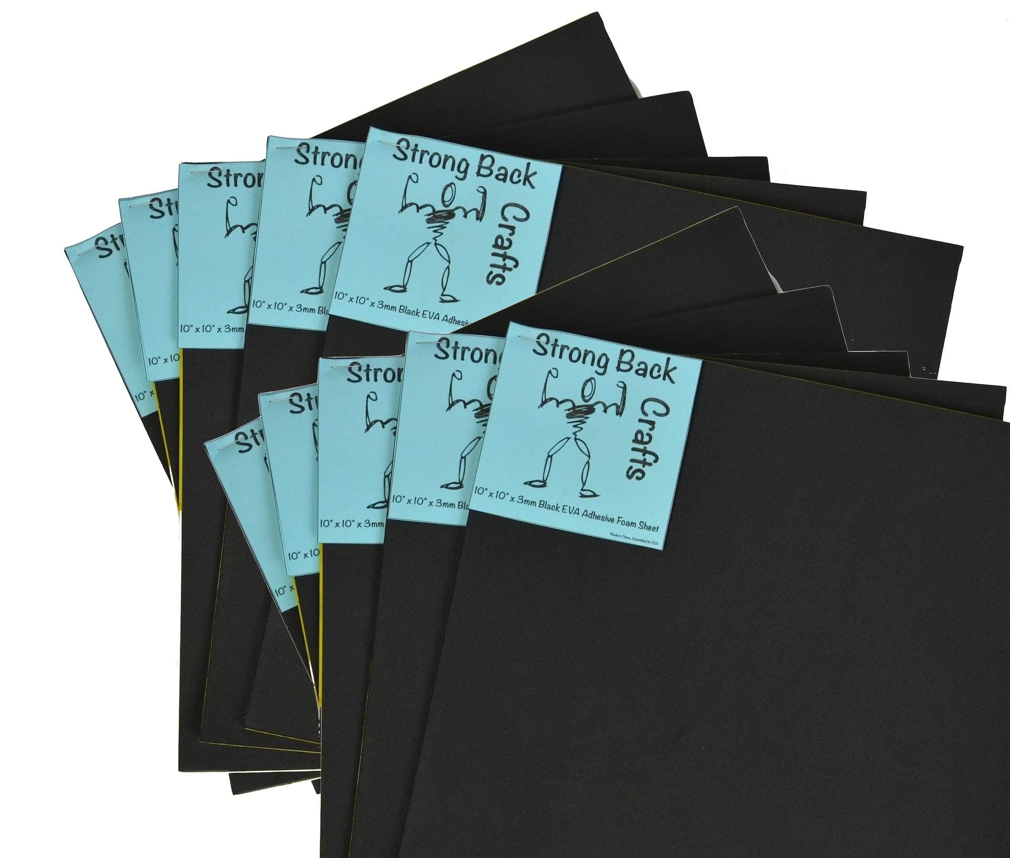 10 Pack- Black Self-Stick Adhesive Foam Sheets 10" x 10" EVA High Density (10 Pack) 3mm by Strong Back Crafts- for Cosplay Costumes, car Traction Pads for Dogs, Canoe & Kayak Seats, and Scrapbooking