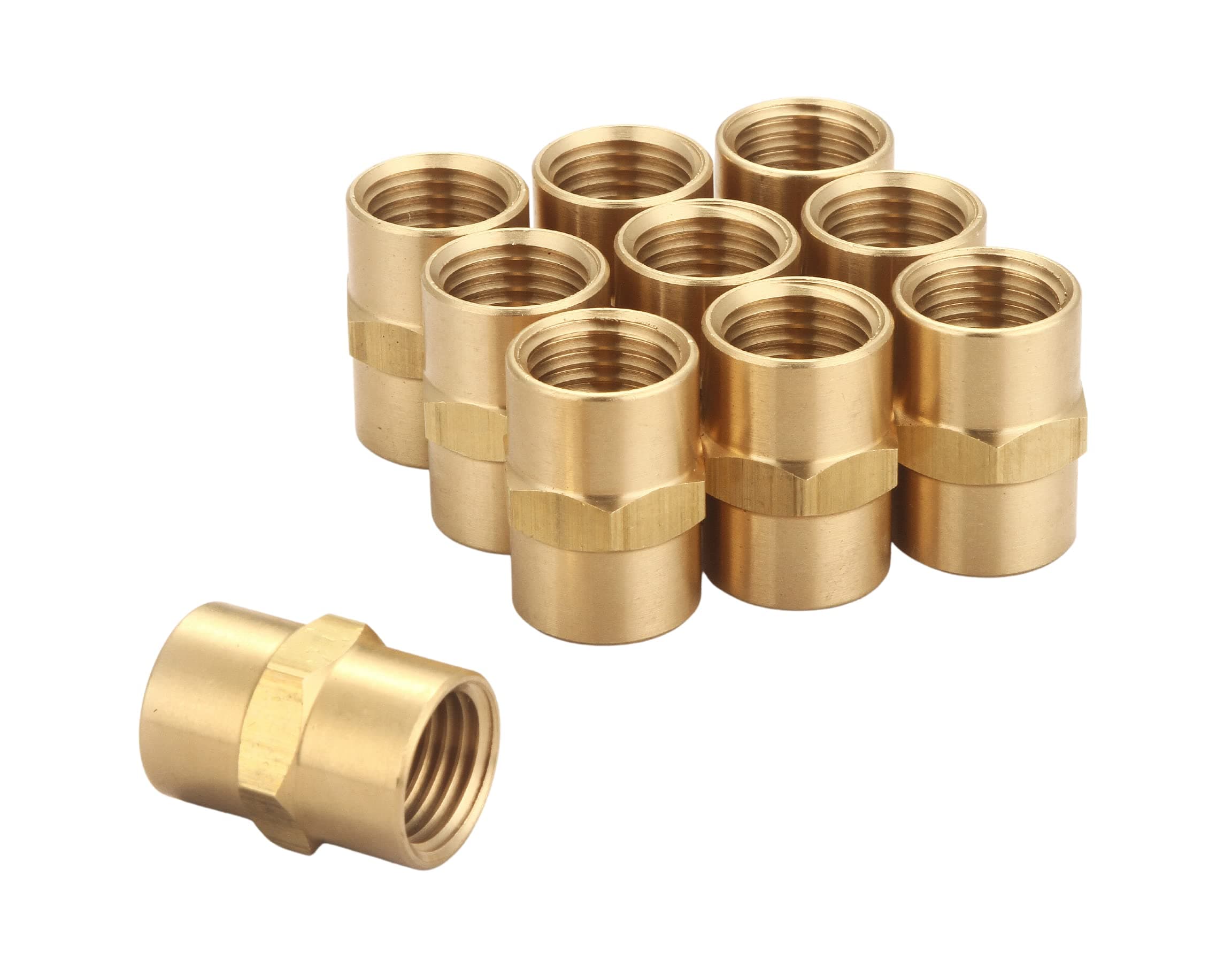 Brass Coupling 1/4 Inch NPT Female x 1/4 Inch NPT Female Hex Head Pipe Fitting, Pack of 10, Compressor connector 1/4 fnpt to 1/4 fnpt Coupler, Air Hose Adapter Brass Fittings