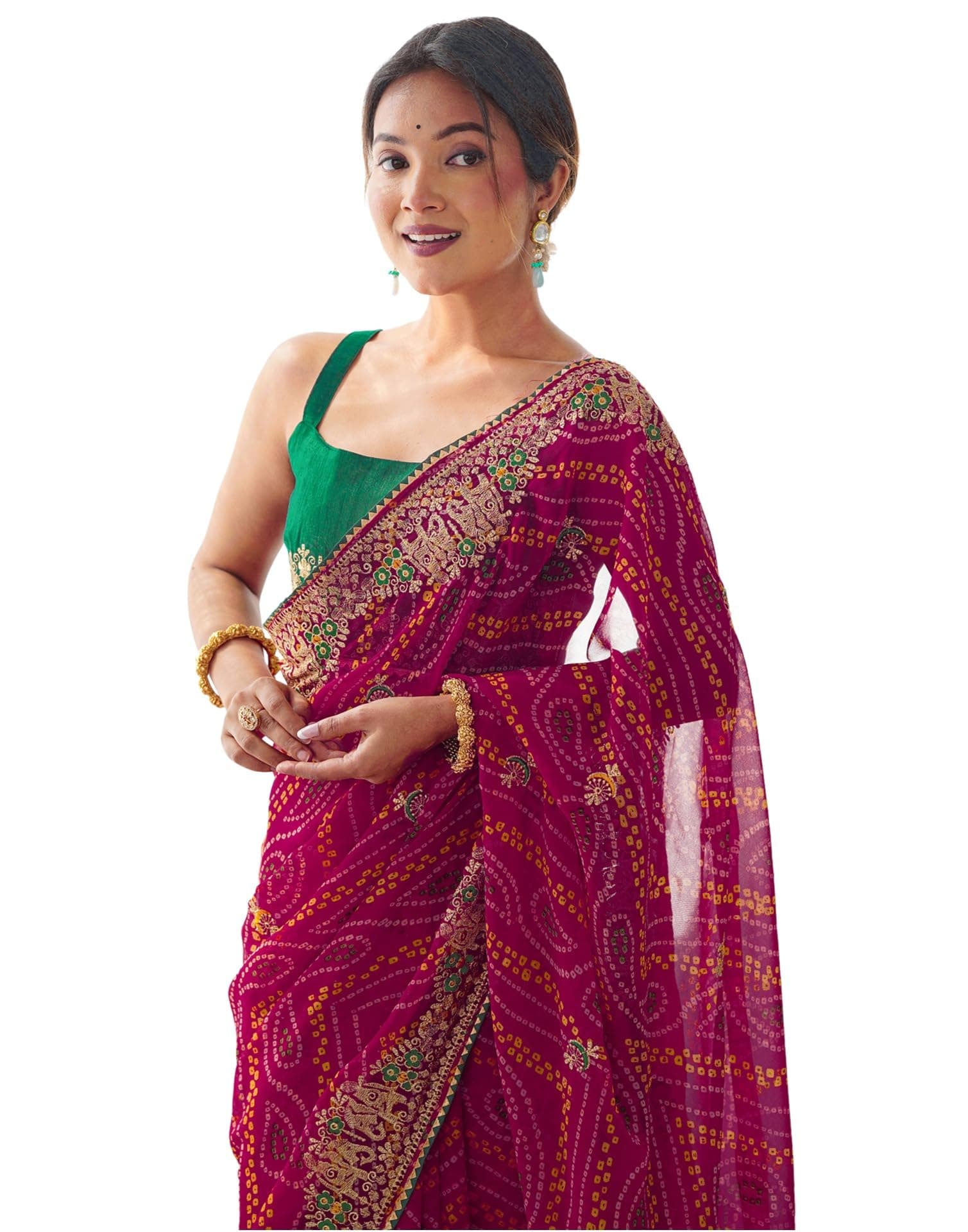 SIRILWomen's Georgette Bandhani Printed and Embroidery Saree with Unstitched Blouse Piece