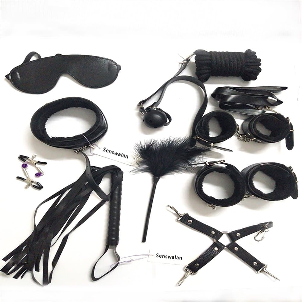 10 Piece Bed Restraints Kit with Adjustable Fur Leather Wrist Cosplay (Black)