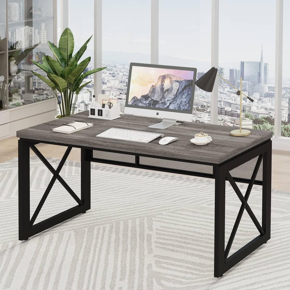 BON AUGURE Industrial Computer Desk, Rustic Wood Desks for Home Office, Sturdy Metal Writing Work Table (60 Inch, Dark Grey Oak)