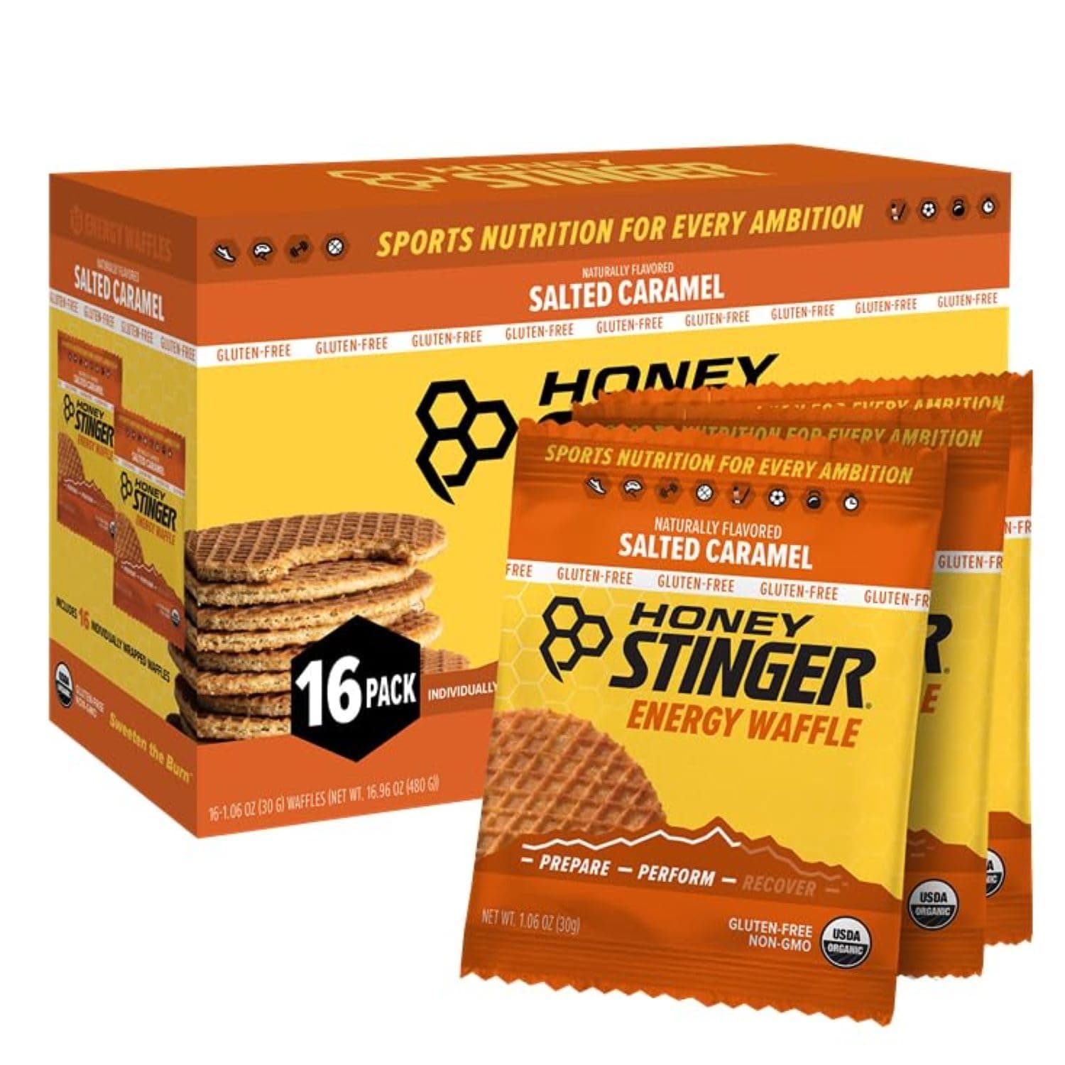 Organic Gluten Free Salted Caramel Waffle, Energy Stroopwafel for Exercise, Endurance and Performance, Sports Nutrition for Home & Gym, Pre & Post Workout Box of 16 Waffles, 16.96 Oz