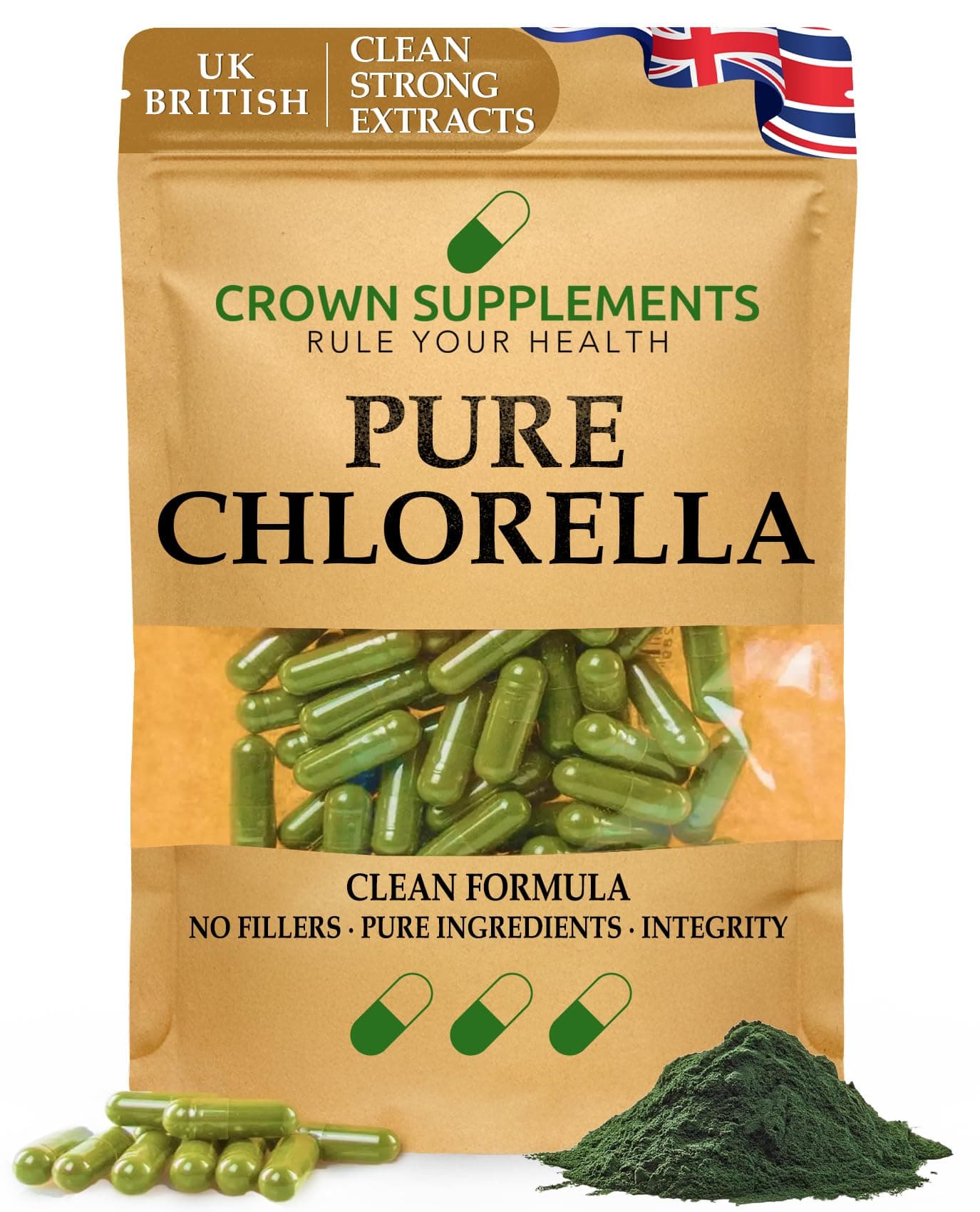 Pure Chlorella Capsules | Clean Formula Extracts | Heavy Metal Detox Cracked Cell Wall | Crown Supplements UK (90 Capsules)