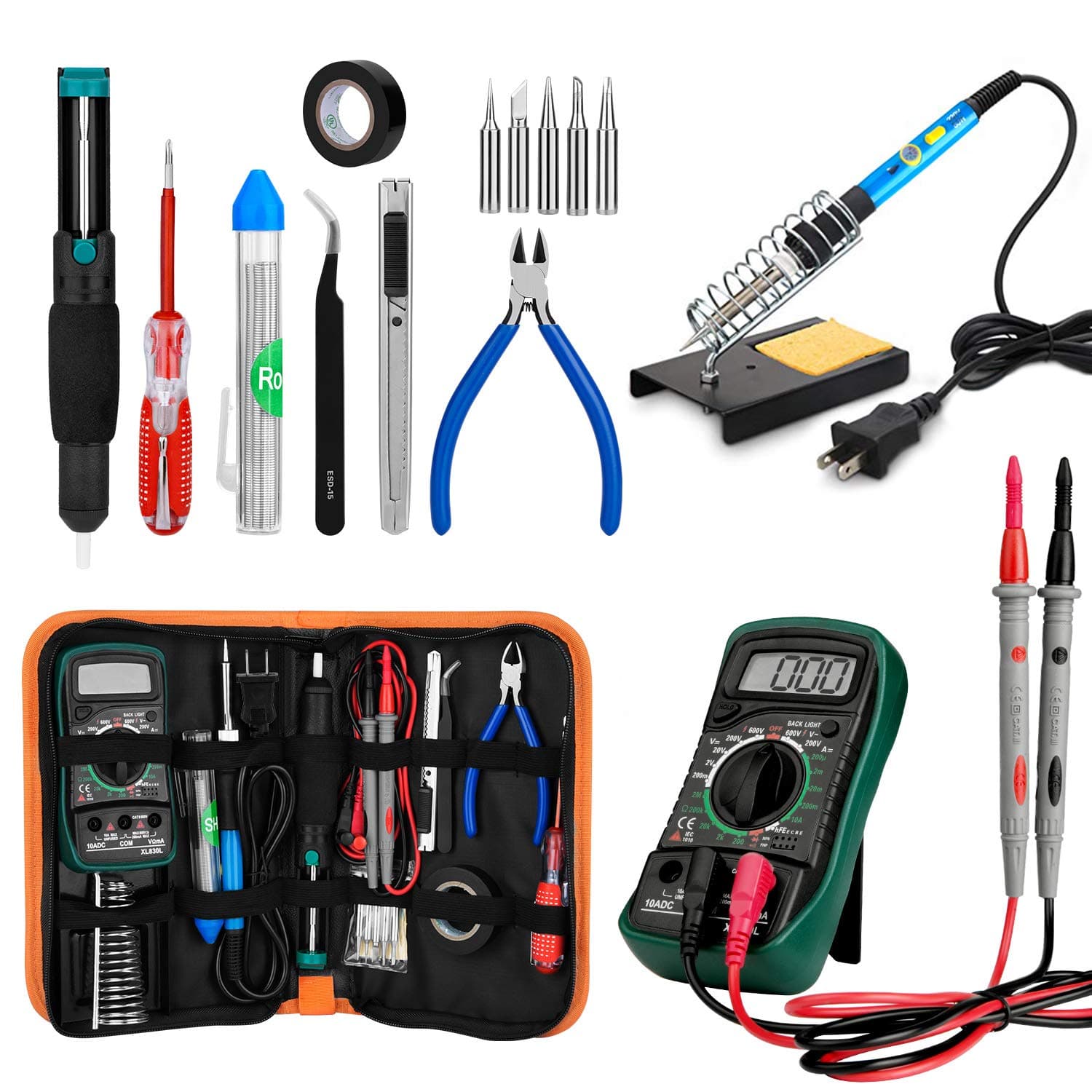 eletecpro Soldering Iron Kit Electronics,60w 110V Adjustable Temperature Welding tool with ON/OFF Switch, Digital Multimeter,5pcs Soldering Iron Tips, Soldering Iron Stand, Desoldering Pump, PU Bag
