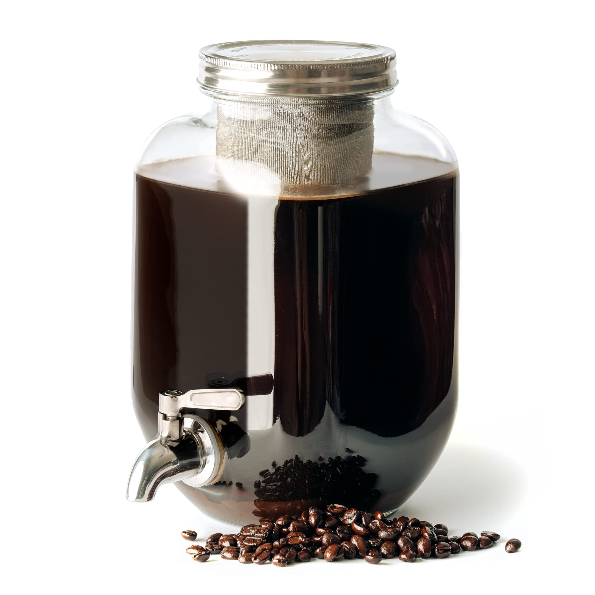 County Line Kitchen Cold Brew Coffee Maker, Mason Jar Pitcher - Heavy Duty Soda Lime Glass w/Stainless Steel Mesh Filter & Flip Cap Lid - Iced Tea & Coffee - 4 Qt (128 oz), Silver - Dispenser