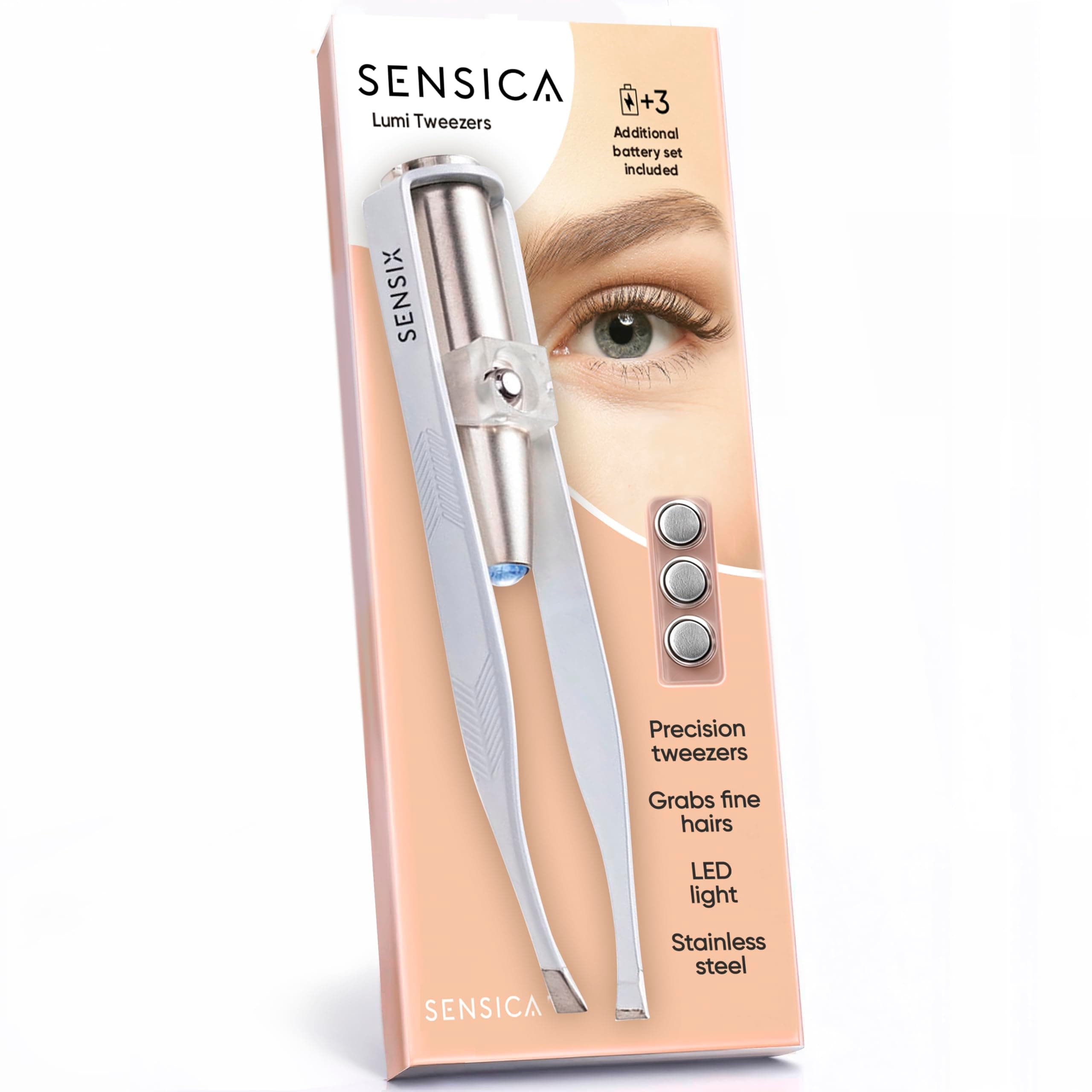 Eyebrow Tweezers with Light – LED Lighted Tweezers for Women Facial Hair – Precision Eyebrow Plucking Slant Tip Stainless Steel Tweezer with Long Arms & 3 Extra Batteries