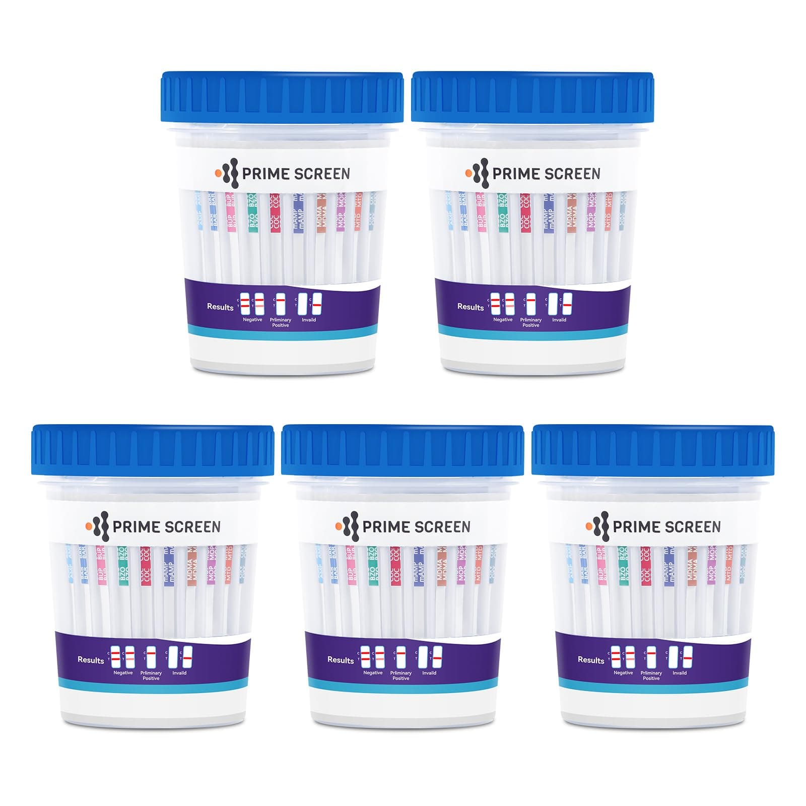 Prime Screen Drug Tests Cup Professional 12 in 1 Instant Drug Testing Kits for Cannabis, Coke,OPI, AMP, BAR, BUP, BZO, mAMP, MDMA, MTD, OXY, PCP, 5 Pack