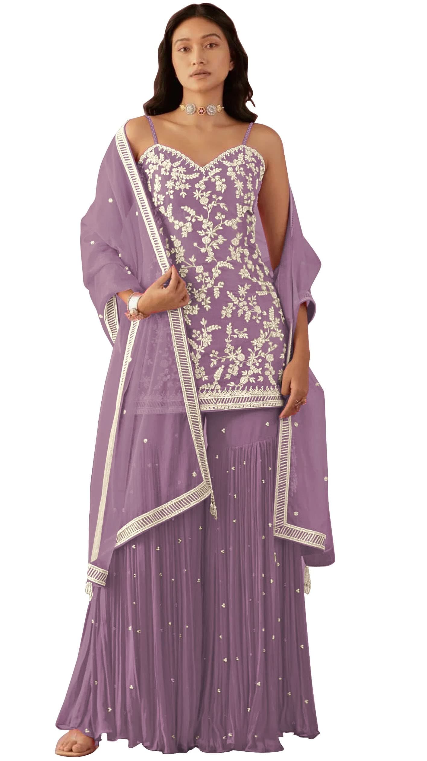 GenericRAMDEV FASHION Hevey Faux Georgette With Embroidery And Mirror Work Fancy Palazzo suit