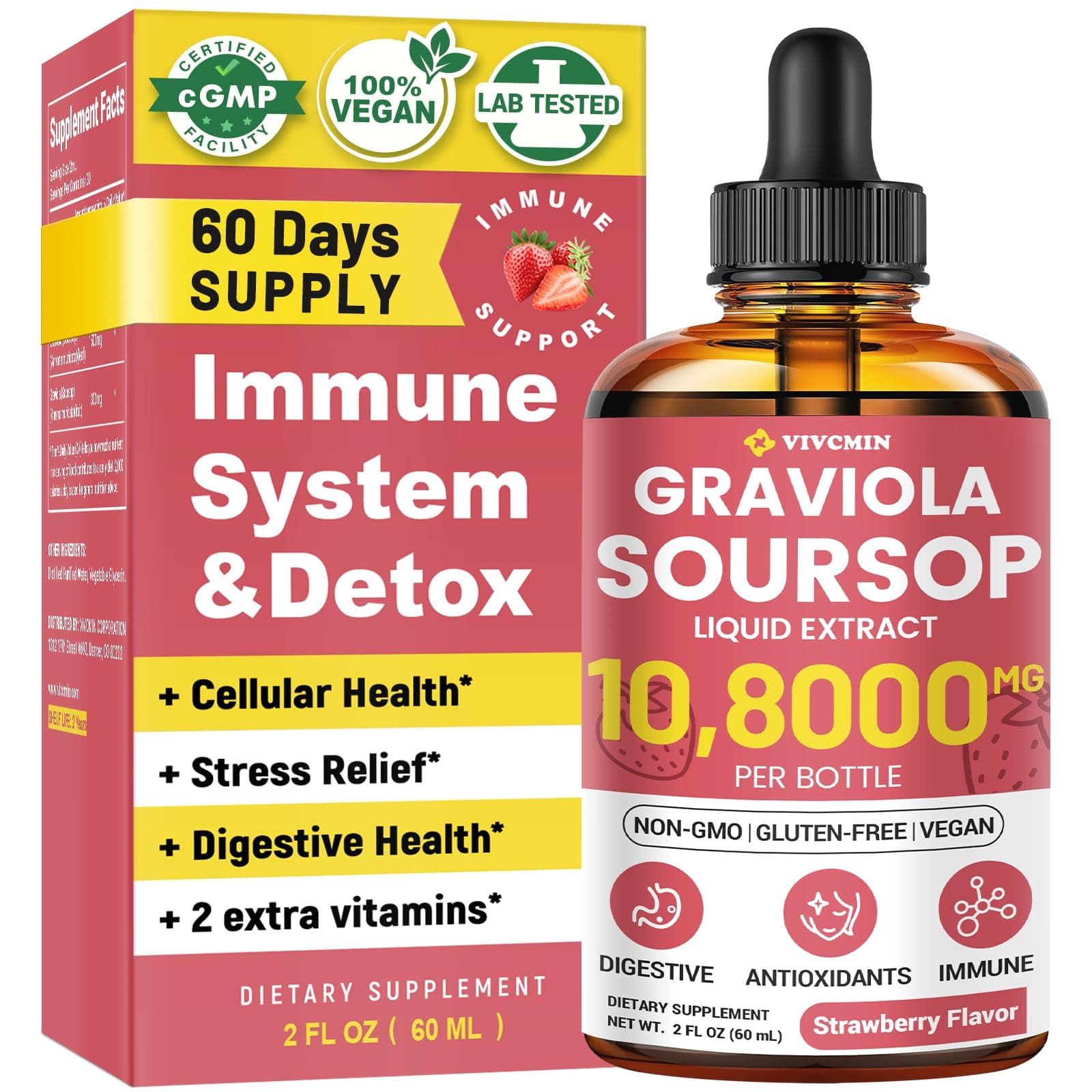 Graviola Soursop Leaf Extract Liquid - Soursop Bitters Liquid, Support Immune, Relax, Liver and Sleep, Sugar & Alcohol-Free, Highly Absorbable Formula, Strawberry Flavor, 2 Fl Oz