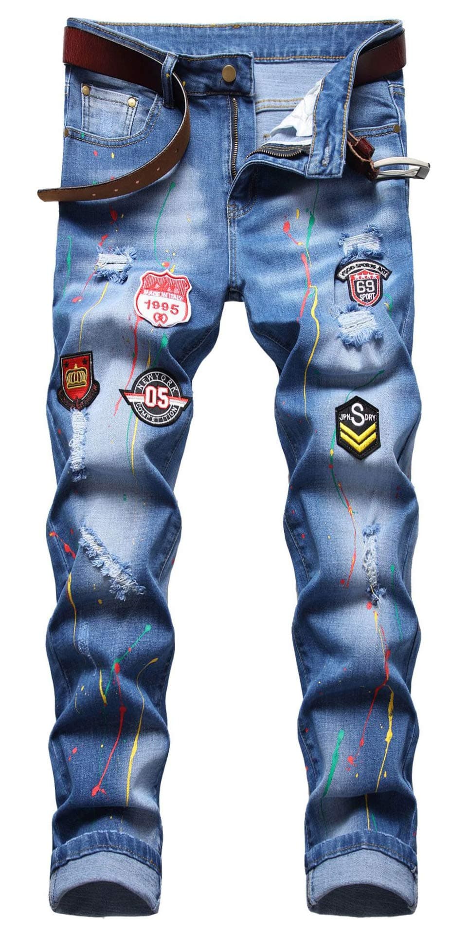 Enrica Men's Ripped Colored Distressed Destroyed Straight Fit Denim Jeans with Badge Patches Pants (Badge Color,673 Blue, 36)