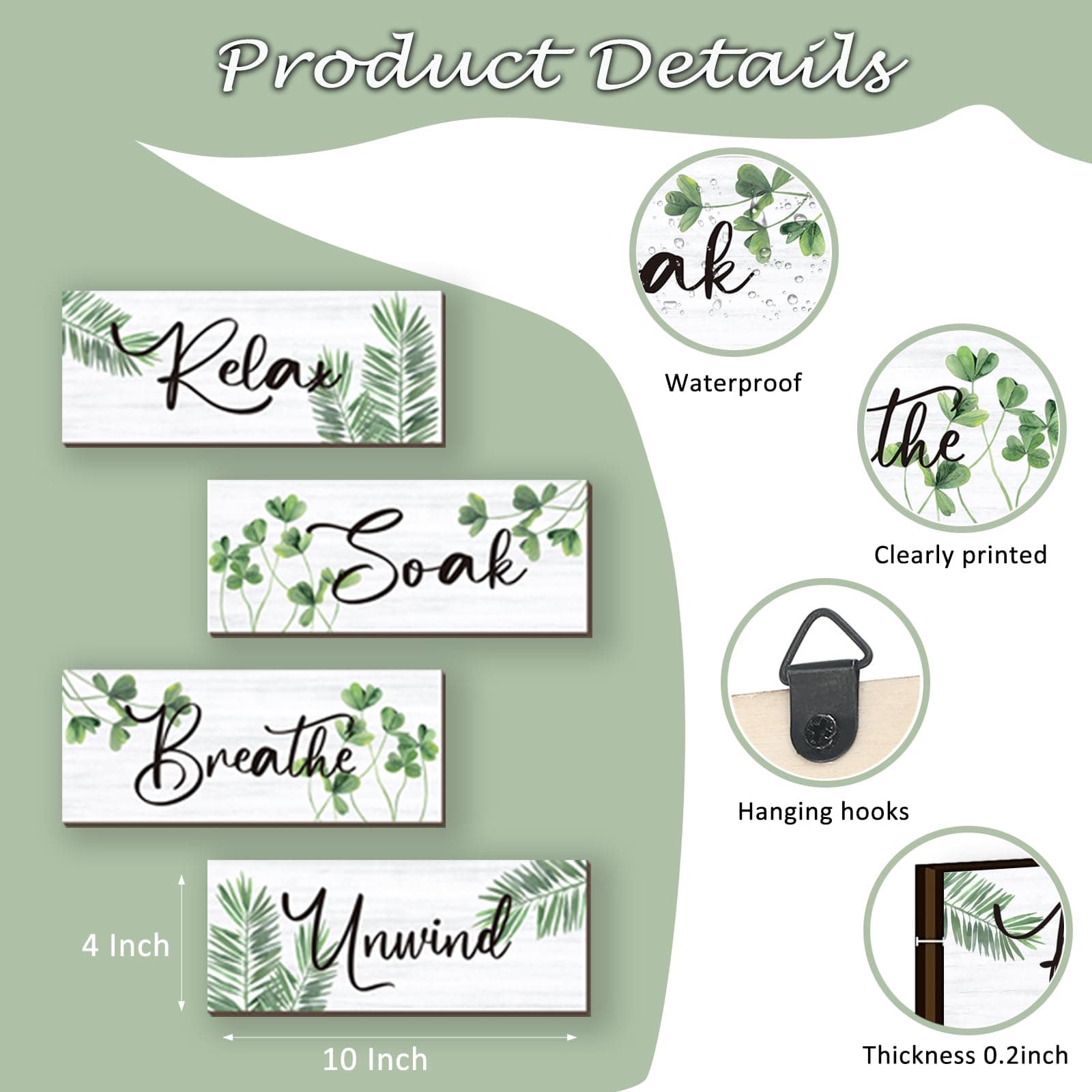 4 Pcs Farmhouse Bathroom Wall Decors Relax Soak Unwind Breathe Wooden Word Sign Green Hanging Wall Art Rustic Office Wall Decor for Bedroom Living Room Vintage Decorations(Green Leaves 10X4 Inch)
