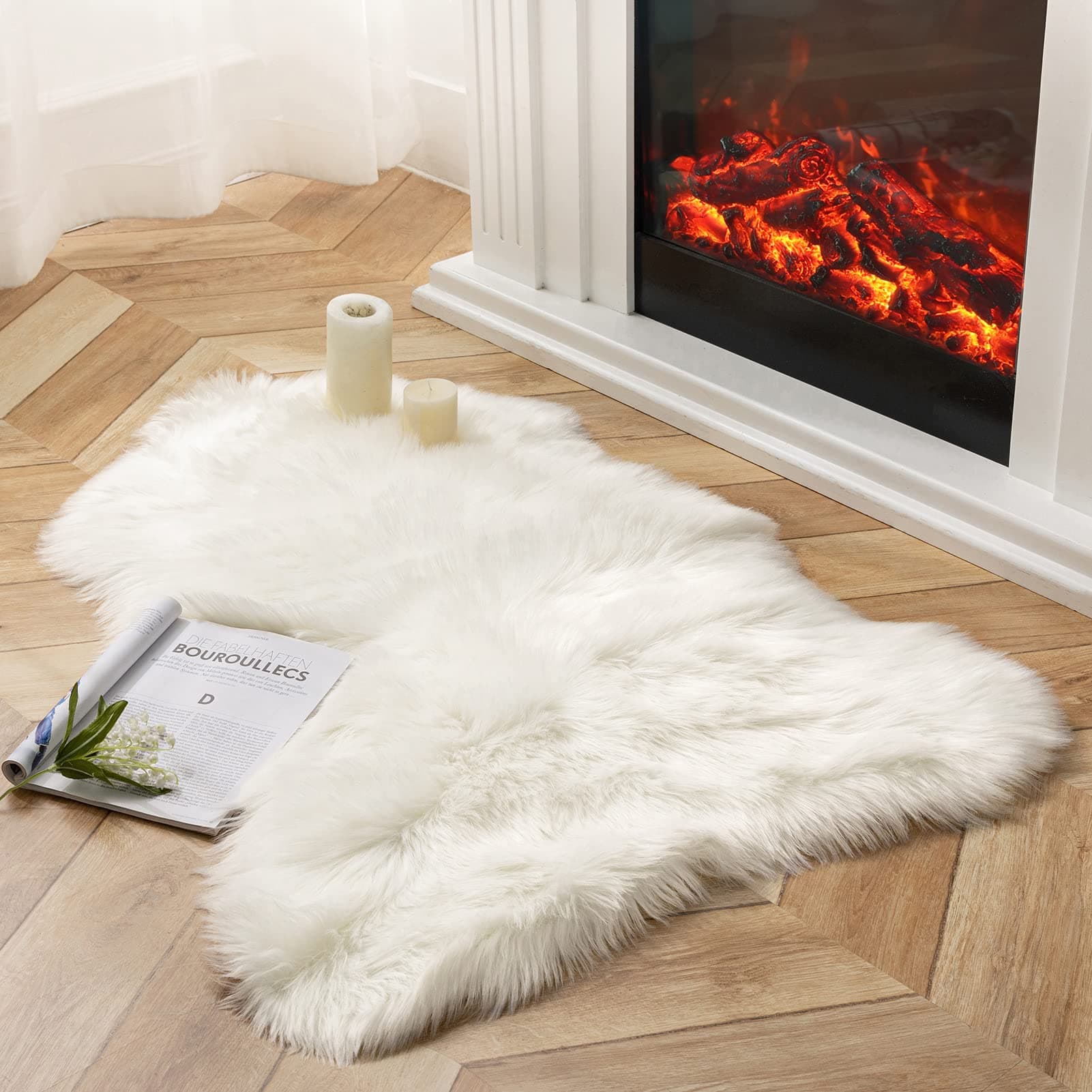 Ashler Home DecoMachine Washable Sheepskin Faux Fur Fuzzy Fluffy Ultra Soft Shaggy Area Rug, 2.3 x 3.3ft (White)