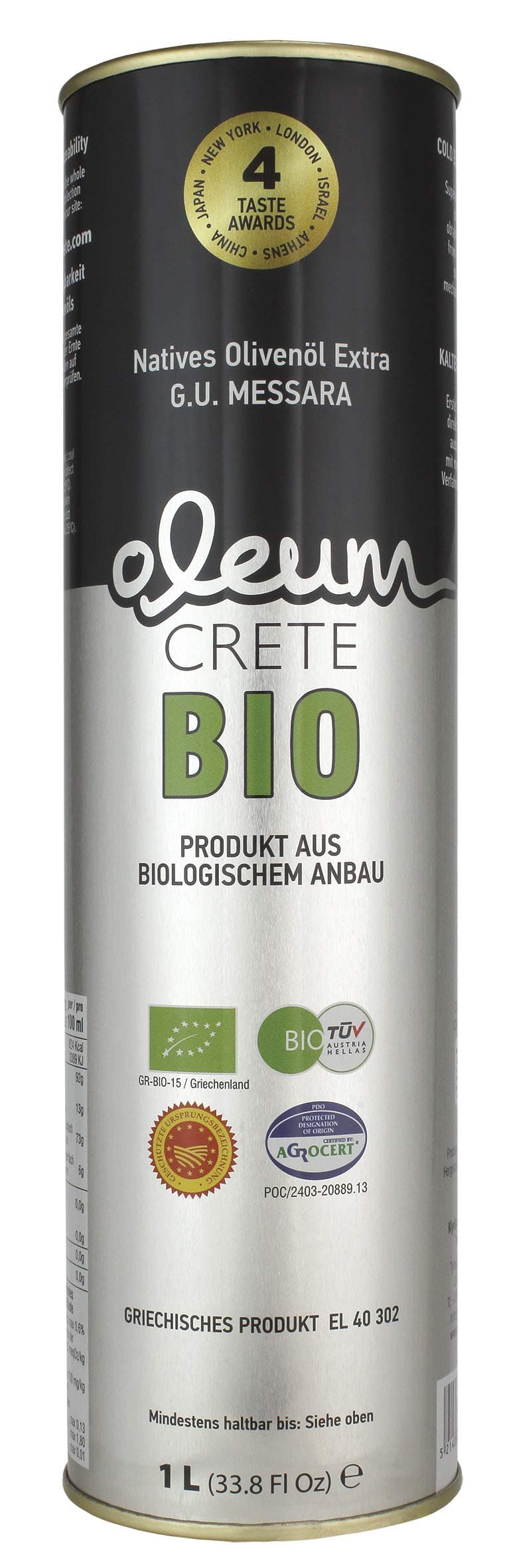Oleum Crete BIO "Oleum Crete Messara P.D.O". South Crete Plateau. Extra virgin olive oil (1 liter). The producer has won more than 33 international taste awards. DE-ÖKO 006